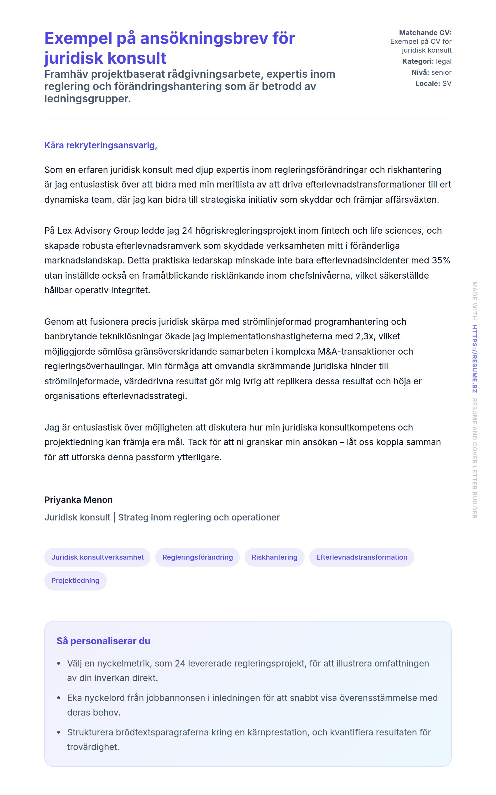 Förhandsgranskning av motivationsbrev för Exempel på ansökningsbrev för juridisk konsult