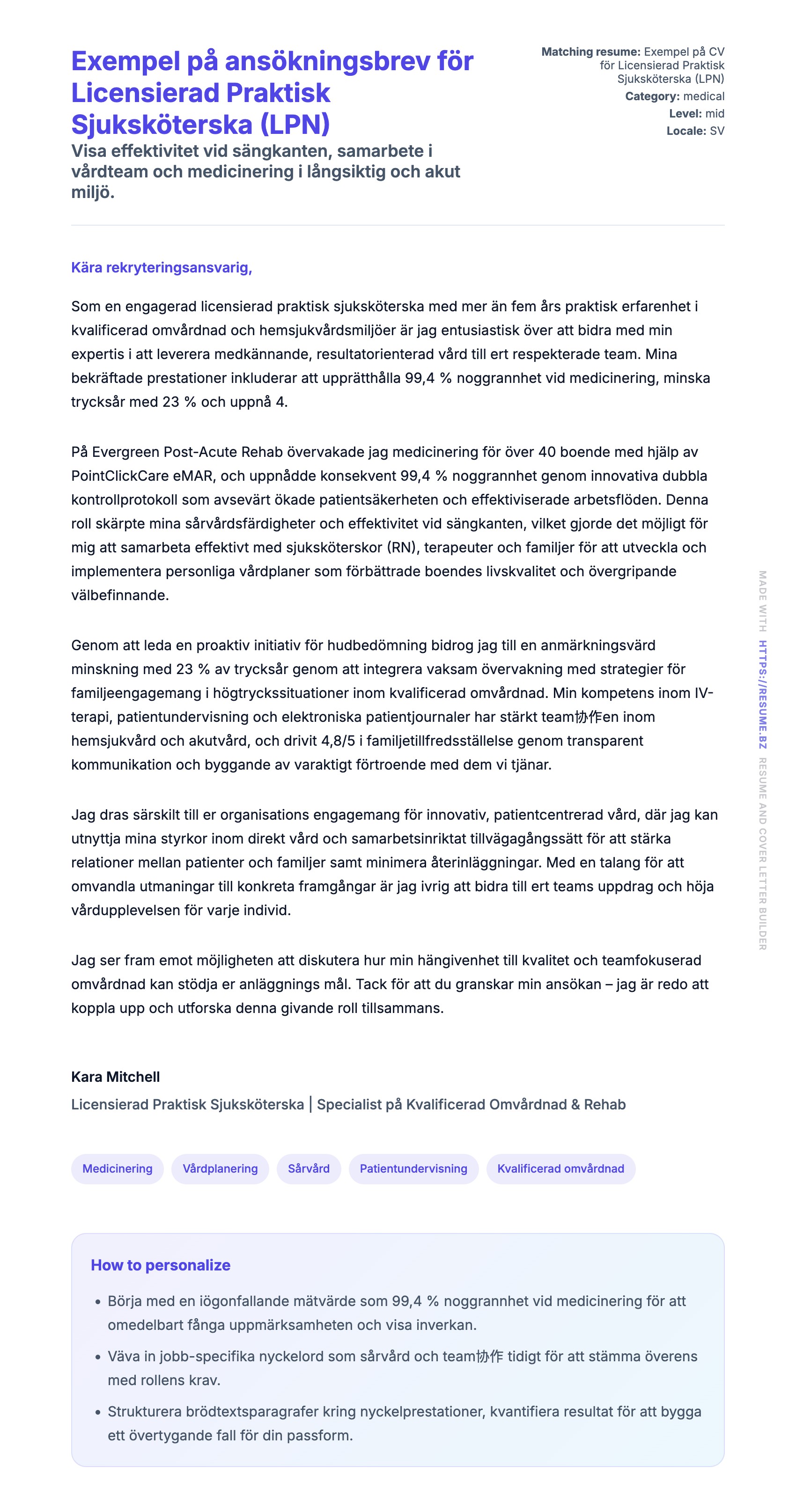 Förhandsgranskning av motivationsbrev för Exempel på ansökningsbrev för Licensierad Praktisk Sjuksköterska (LPN)