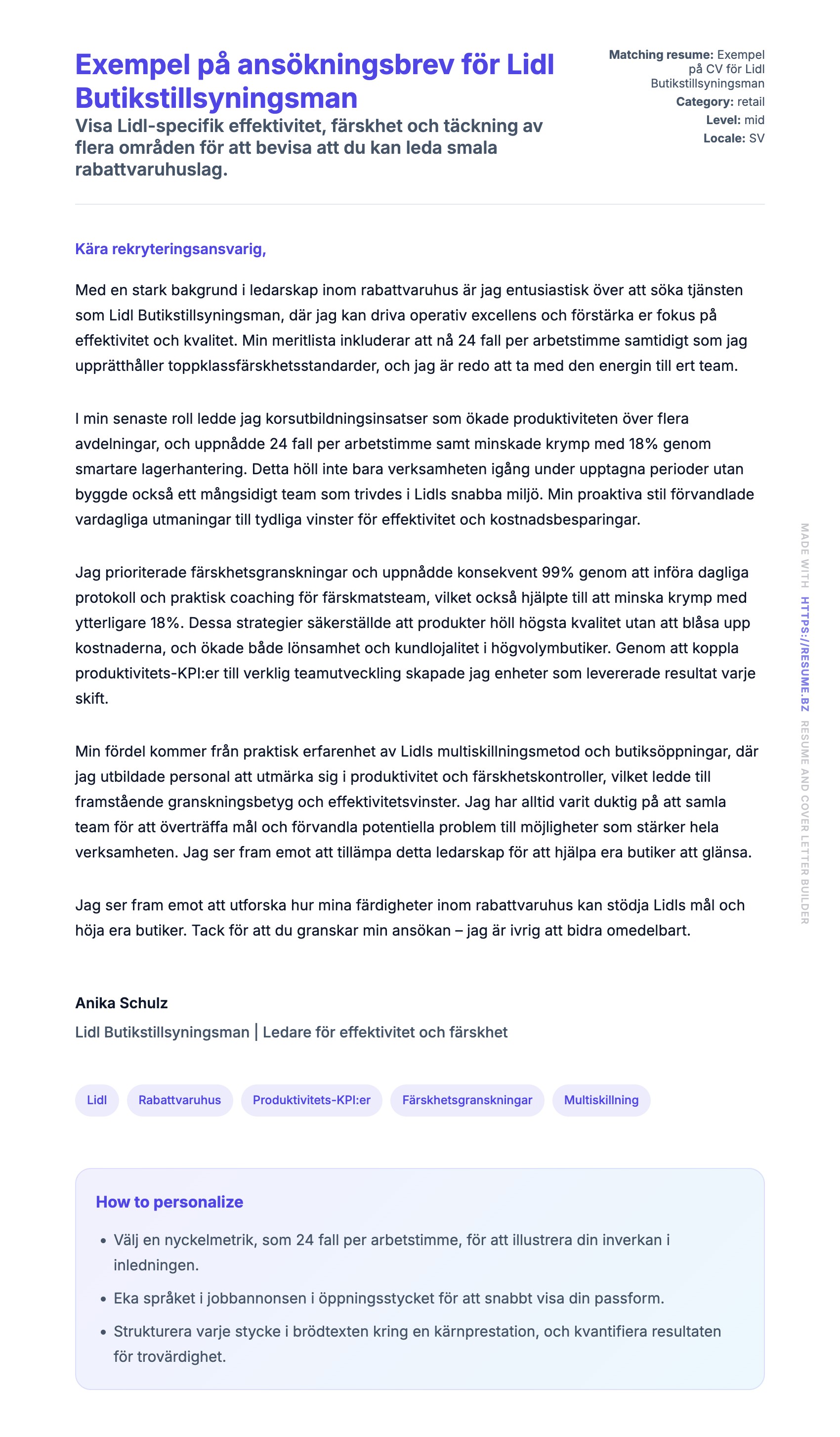 Förhandsgranskning av motivationsbrev för Exempel på ansökningsbrev för Lidl Butikstillsyningsman