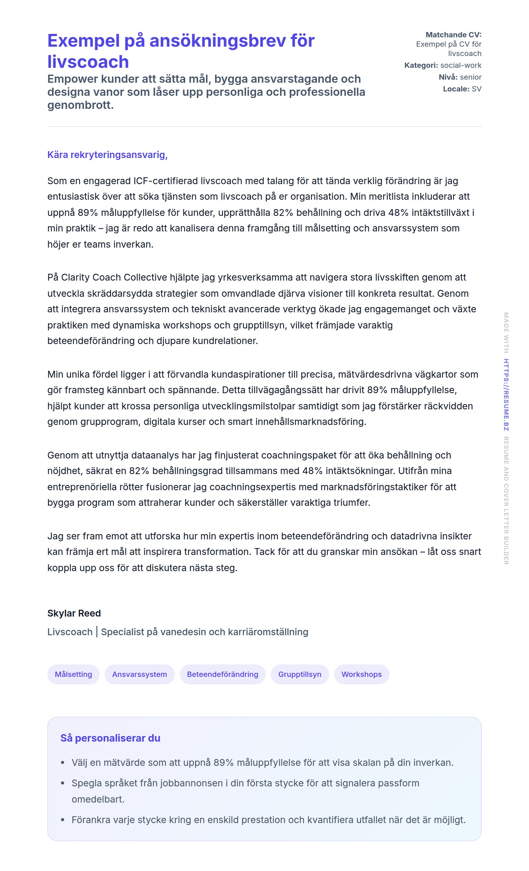 Förhandsgranskning av motivationsbrev för Exempel på ansökningsbrev för livscoach