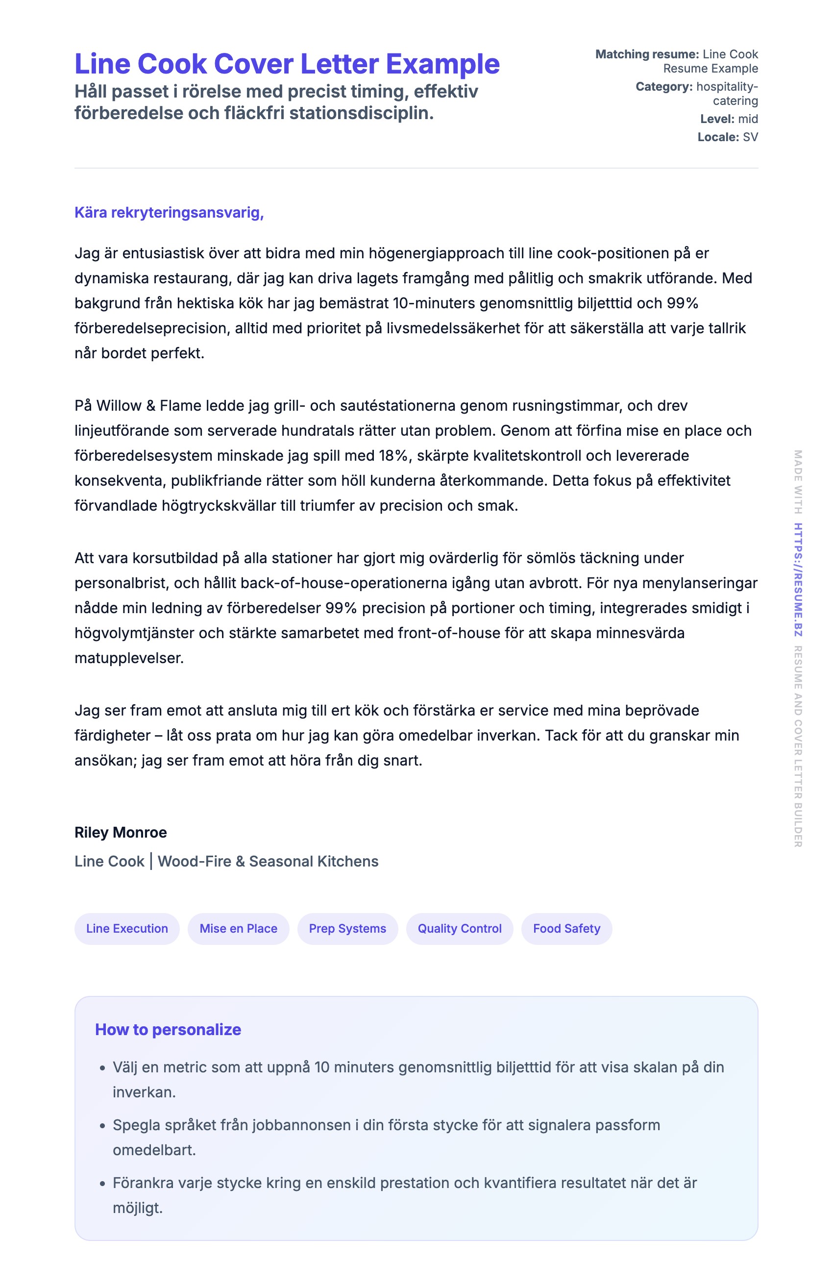 Förhandsgranskning av motivationsbrev för Line Cook Cover Letter Example
