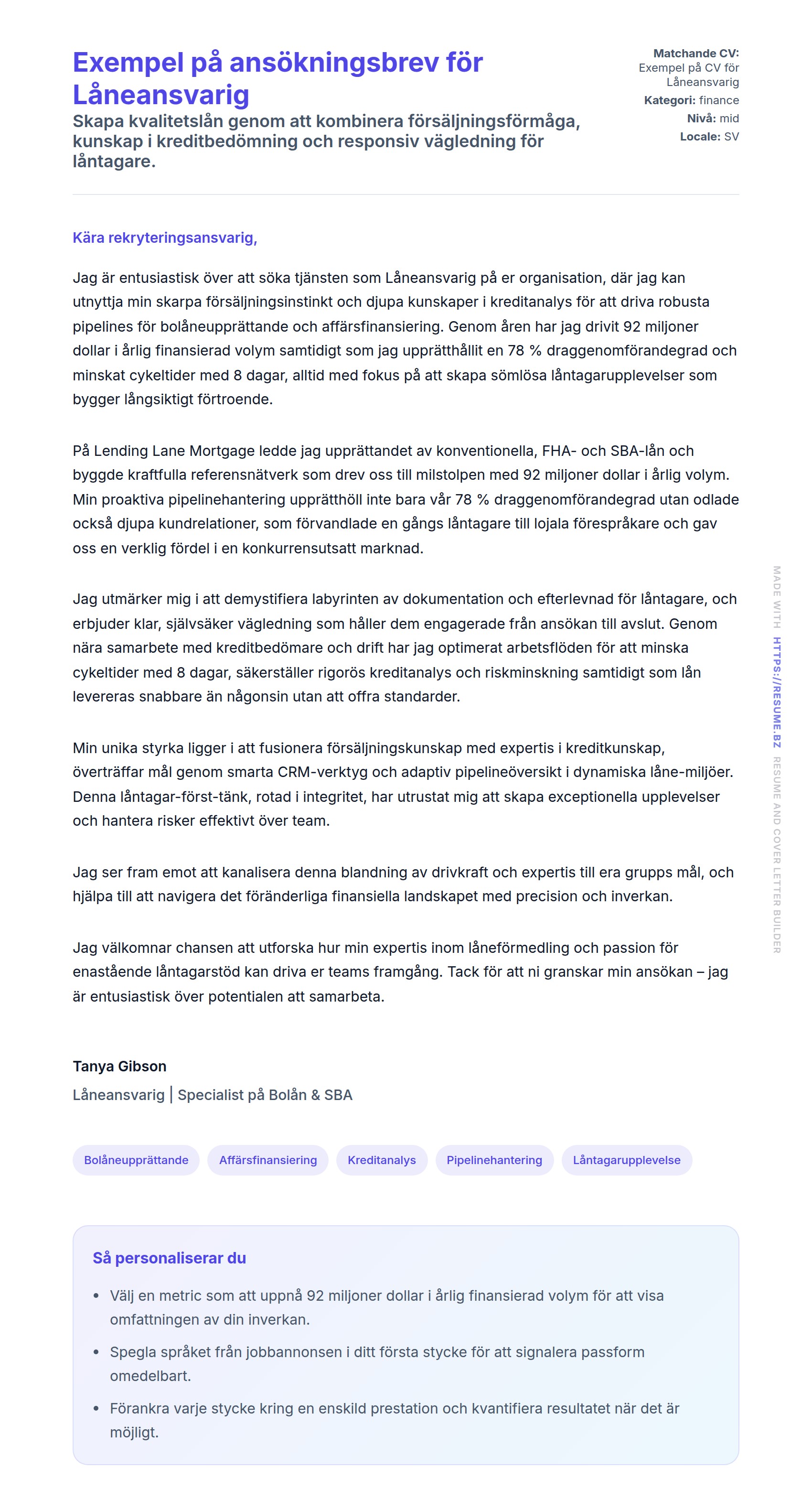 Förhandsgranskning av motivationsbrev för Exempel på ansökningsbrev för Låneansvarig