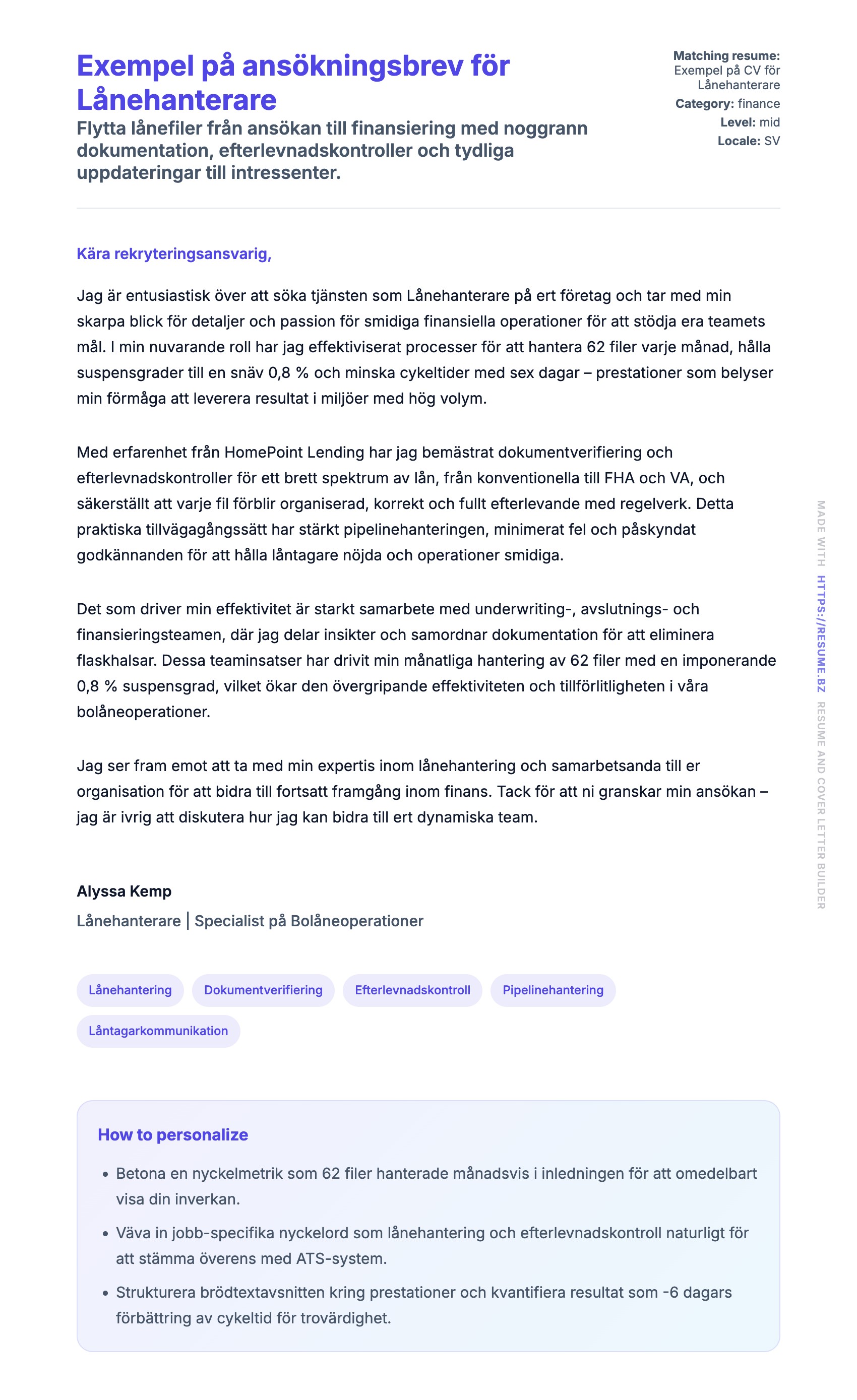 Förhandsgranskning av motivationsbrev för Exempel på ansökningsbrev för Lånehanterare
