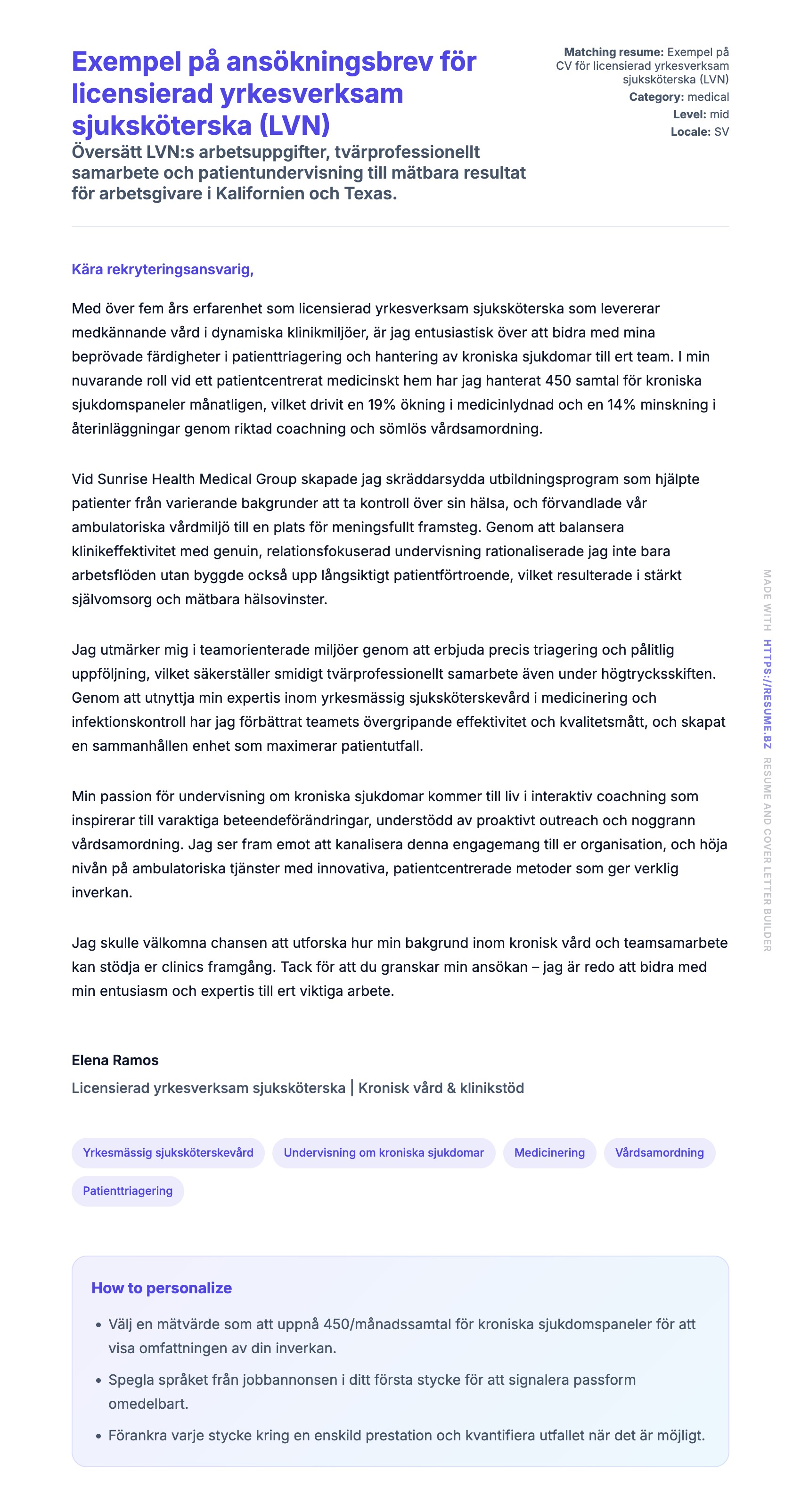 Förhandsgranskning av motivationsbrev för Exempel på ansökningsbrev för licensierad yrkesverksam sjuksköterska (LVN)