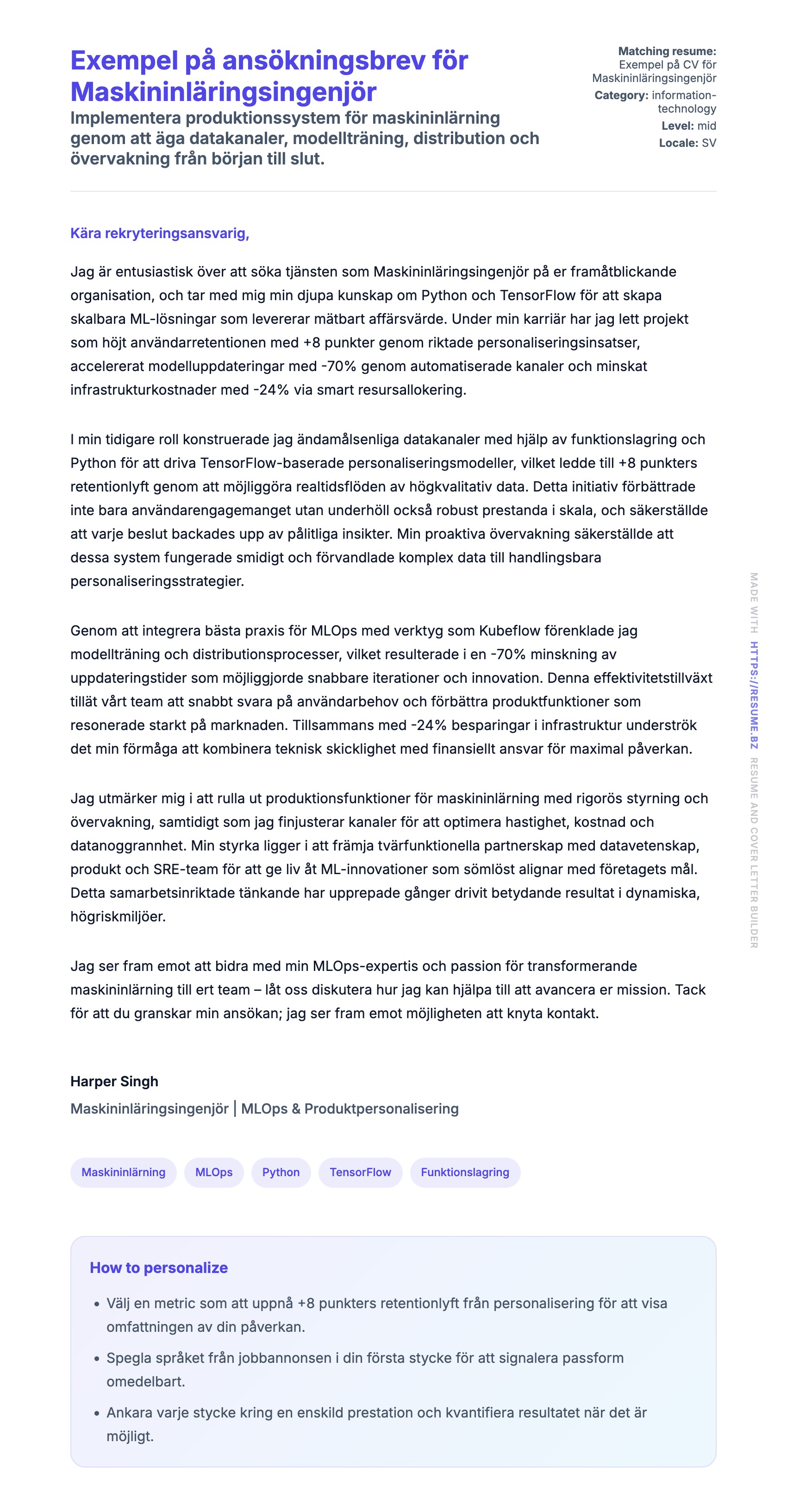 Förhandsgranskning av motivationsbrev för Exempel på ansökningsbrev för Maskininläringsingenjör