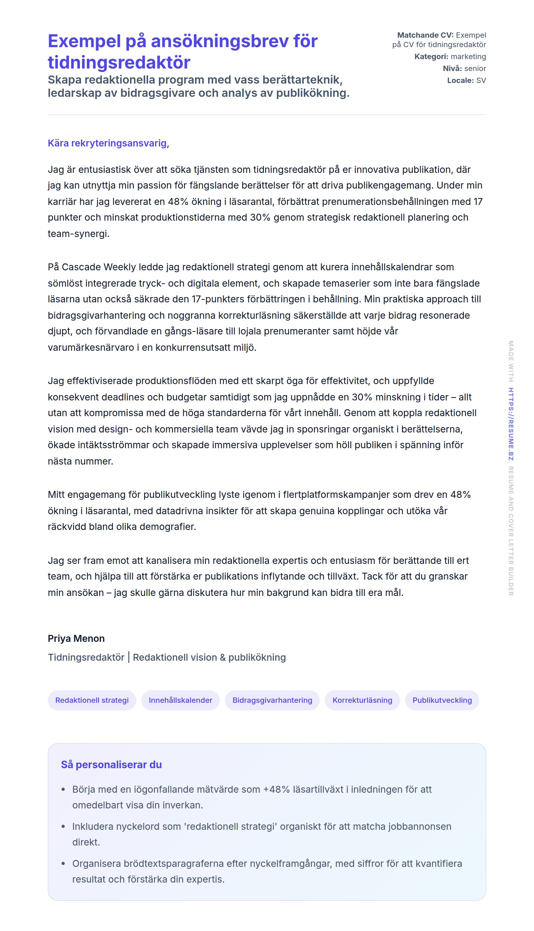 Förhandsgranskning av motivationsbrev för Exempel på ansökningsbrev för tidningsredaktör