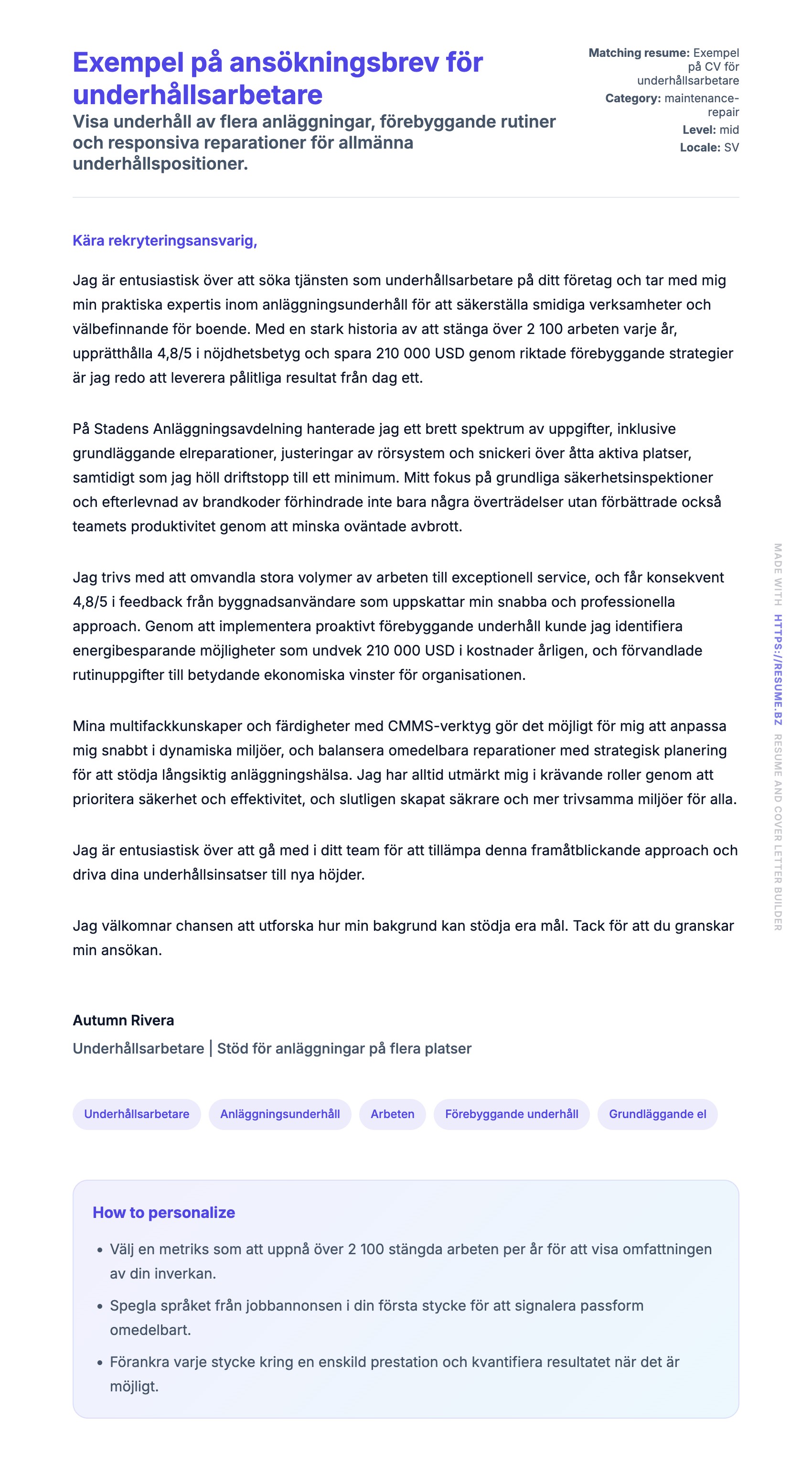 Förhandsgranskning av motivationsbrev för Exempel på ansökningsbrev för underhållsarbetare