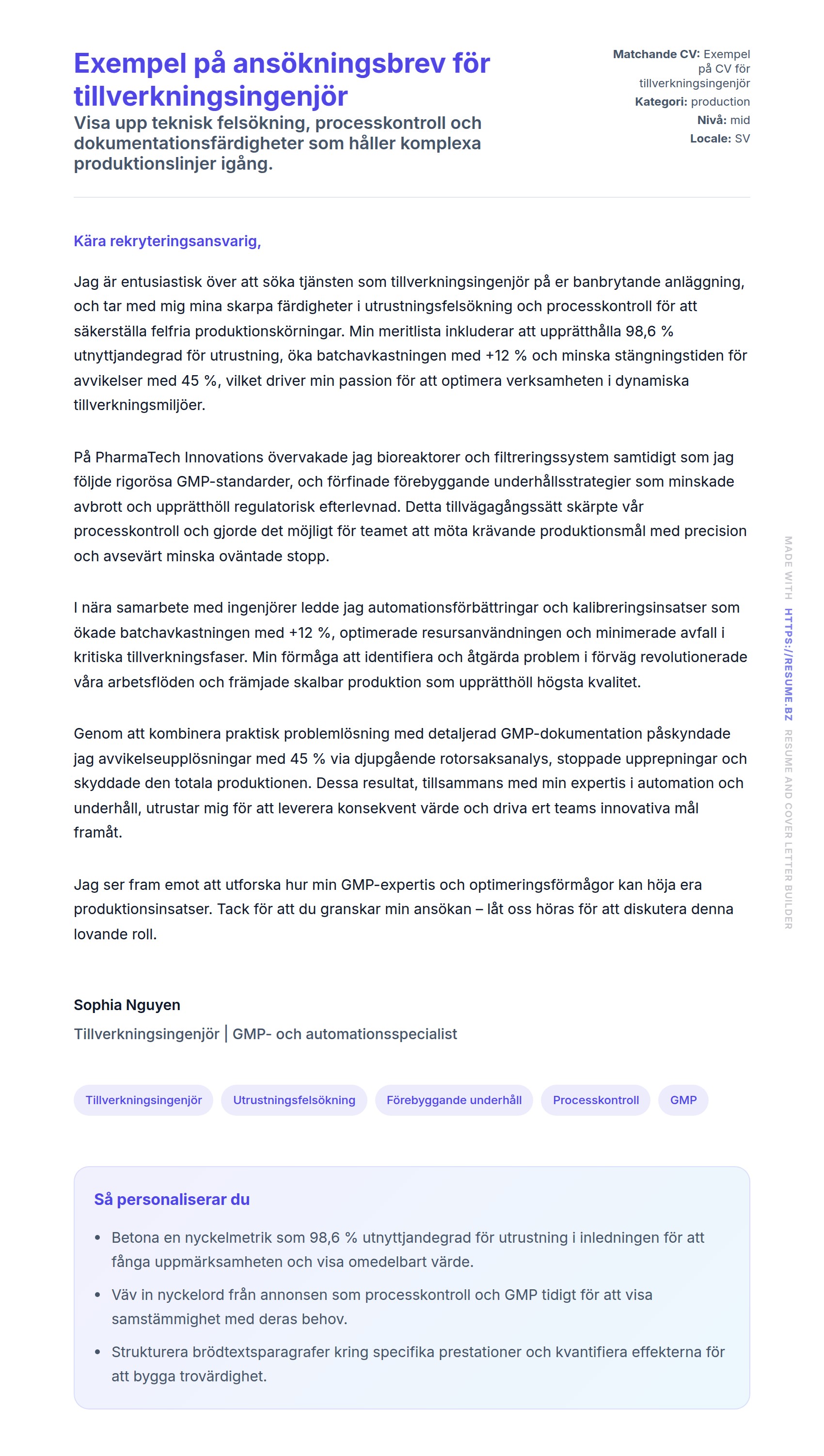 Förhandsgranskning av motivationsbrev för Exempel på ansökningsbrev för tillverkningsingenjör