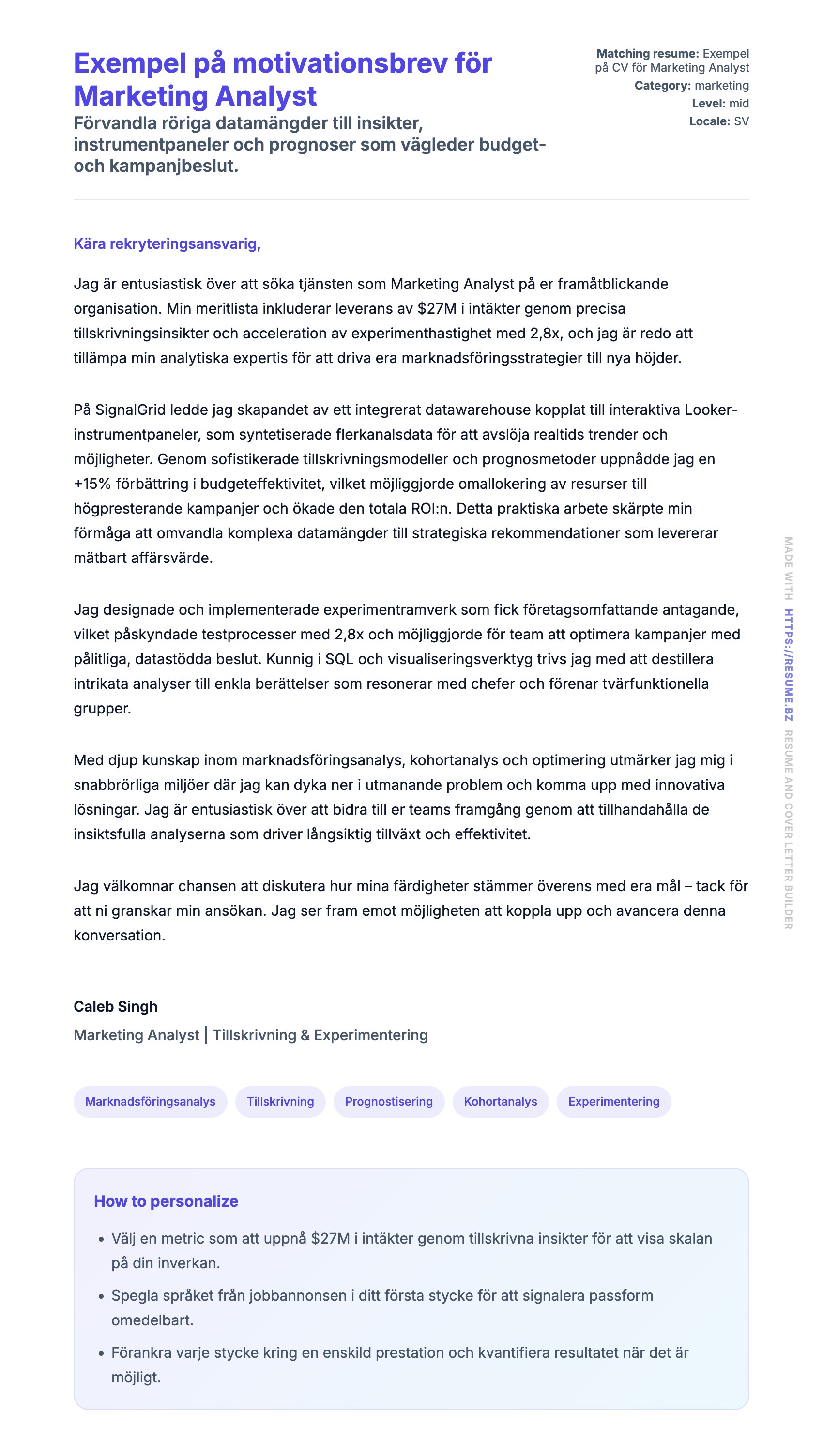 Förhandsgranskning av motivationsbrev för Exempel på motivationsbrev för Marketing Analyst