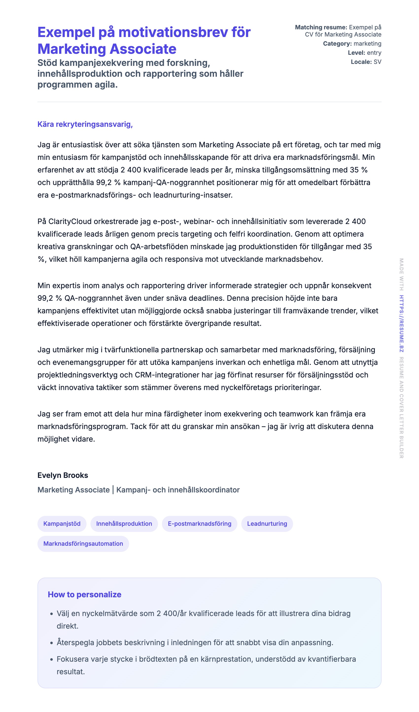 Förhandsgranskning av motivationsbrev för Exempel på motivationsbrev för Marketing Associate