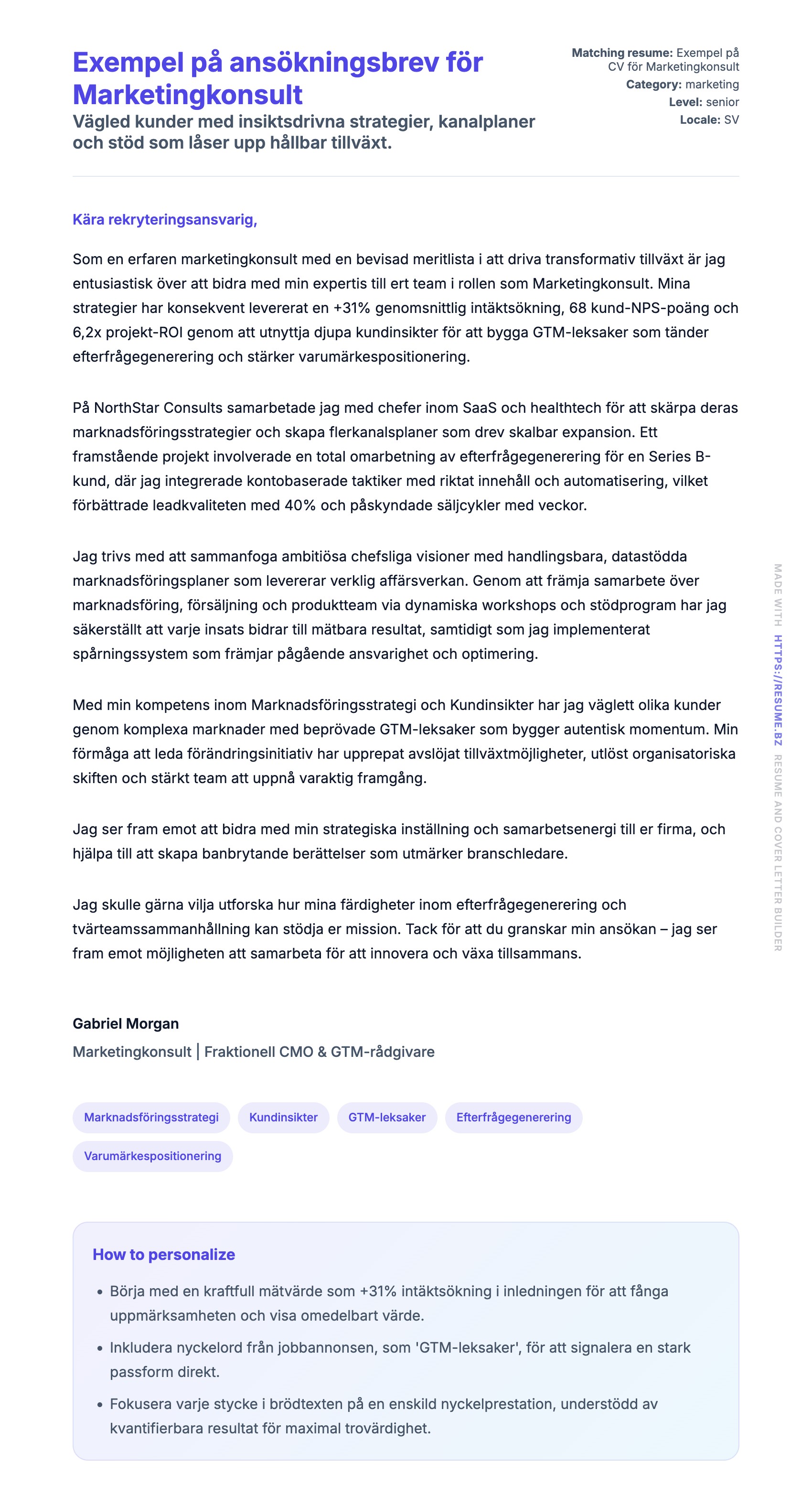 Förhandsgranskning av motivationsbrev för Exempel på ansökningsbrev för Marketingkonsult