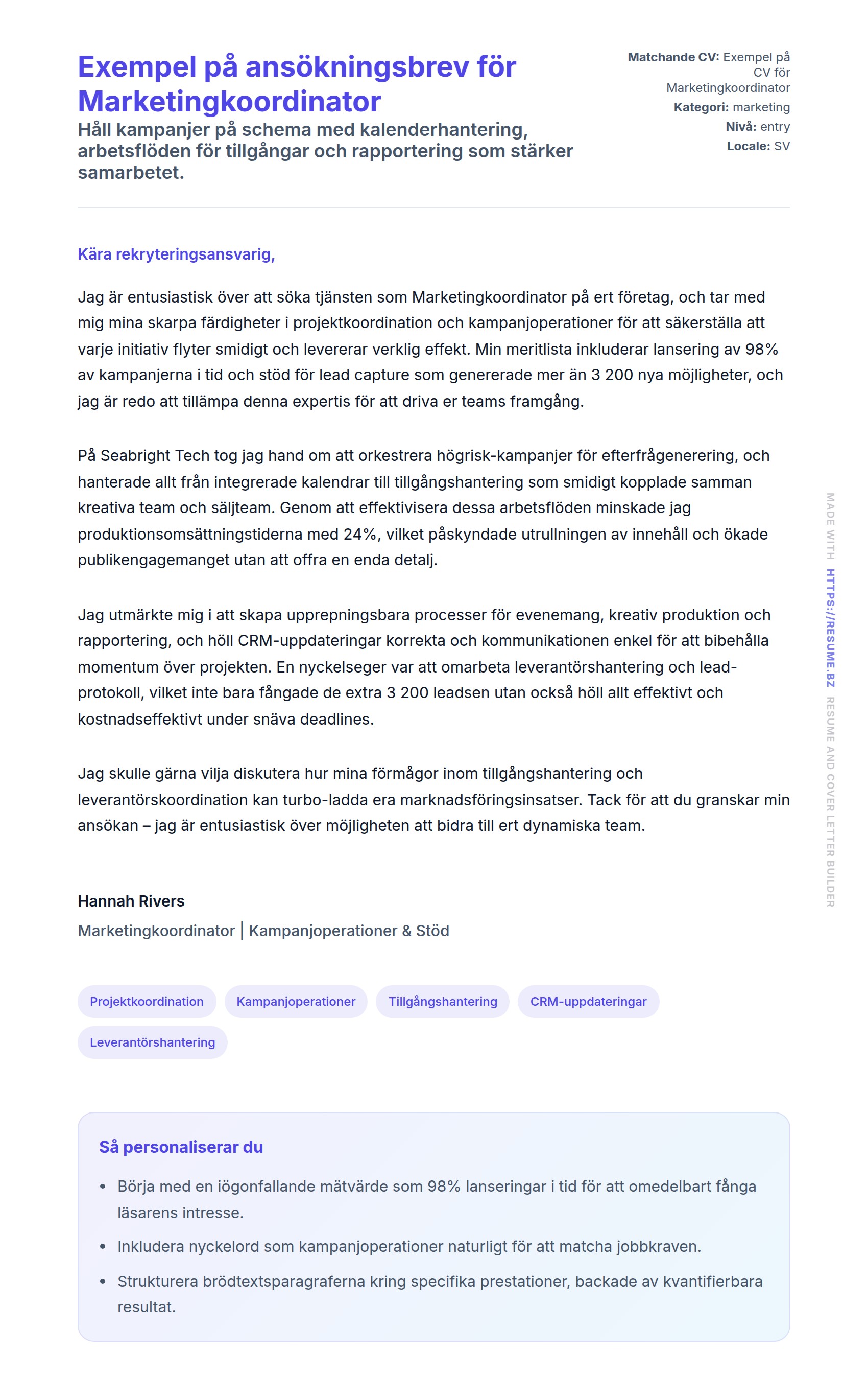 Förhandsgranskning av motivationsbrev för Exempel på ansökningsbrev för Marketingkoordinator