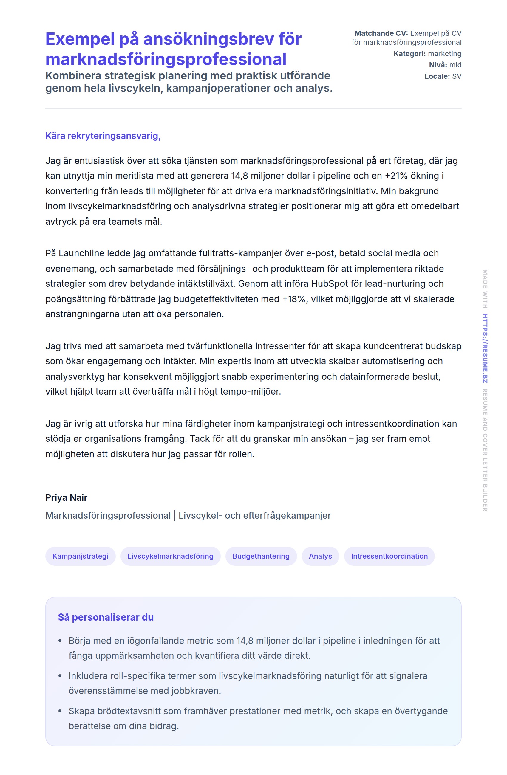 Förhandsgranskning av motivationsbrev för Exempel på ansökningsbrev för marknadsföringsprofessional