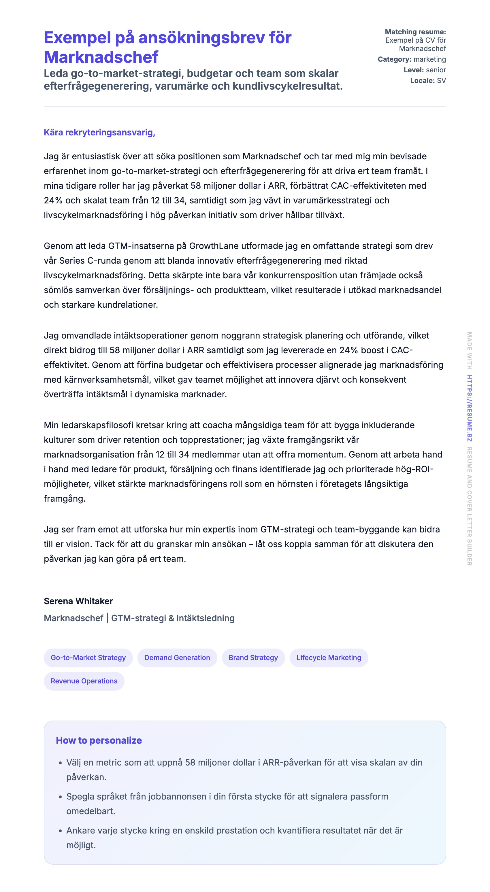 Förhandsgranskning av motivationsbrev för Exempel på ansökningsbrev för Marknadschef