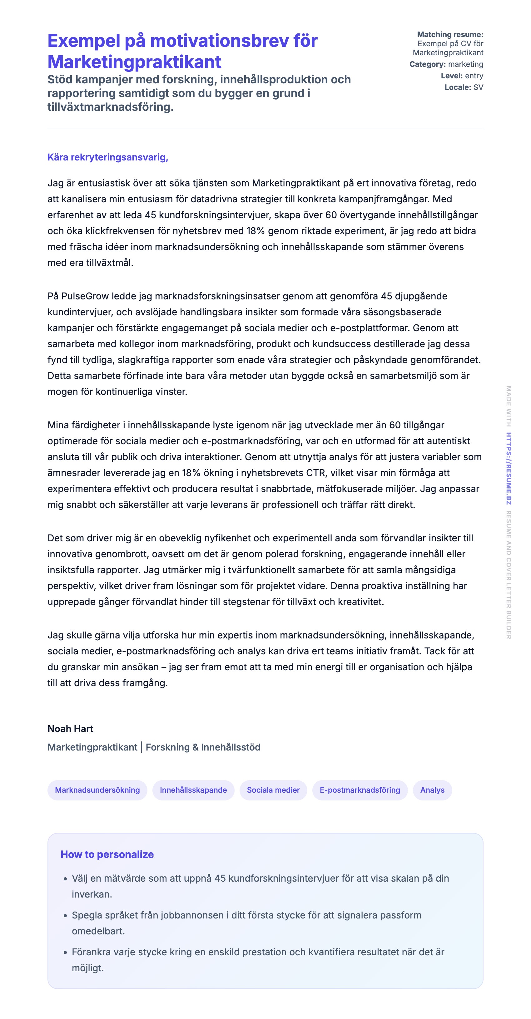 Förhandsgranskning av motivationsbrev för Exempel på motivationsbrev för Marketingpraktikant