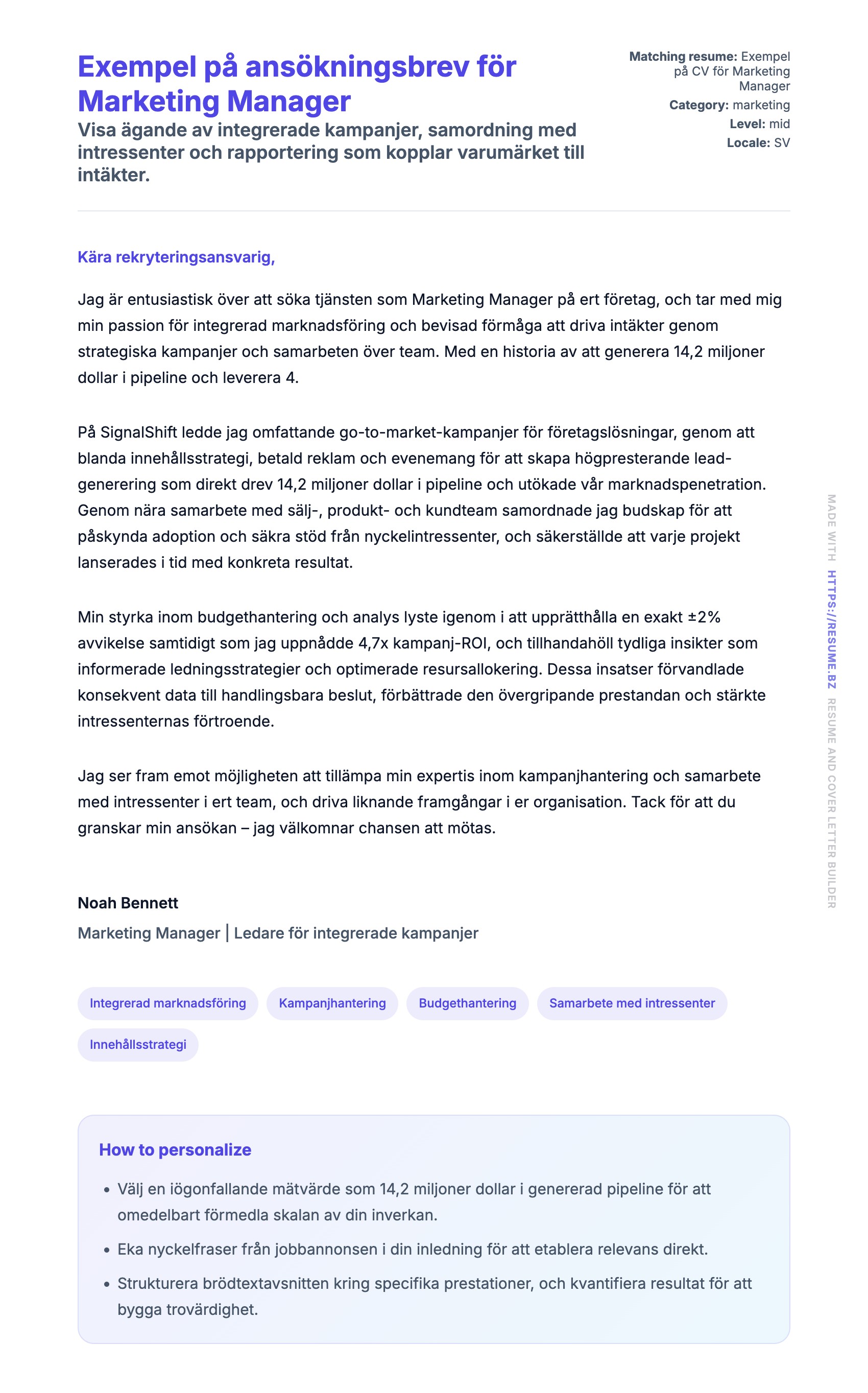 Förhandsgranskning av motivationsbrev för Exempel på ansökningsbrev för Marketing Manager