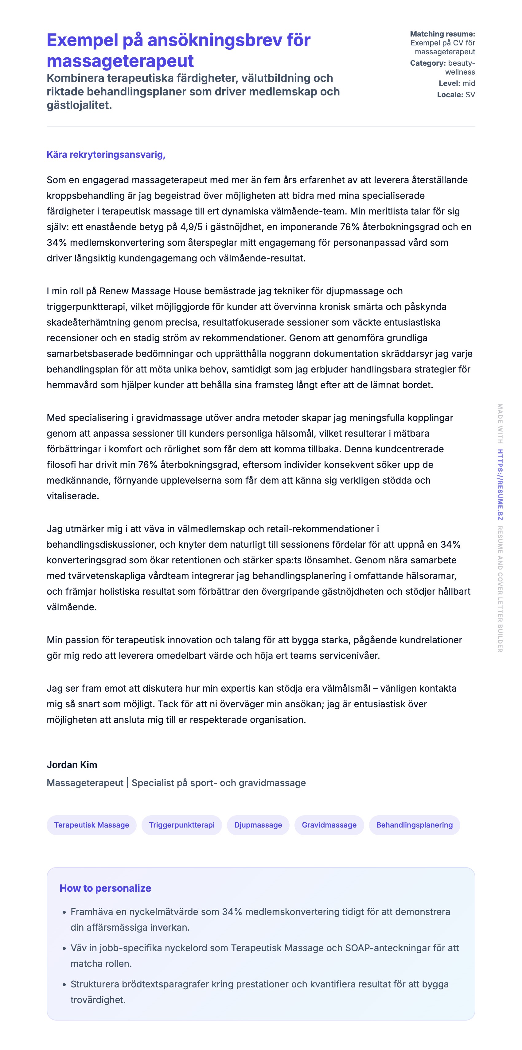 Förhandsgranskning av motivationsbrev för Exempel på ansökningsbrev för massageterapeut