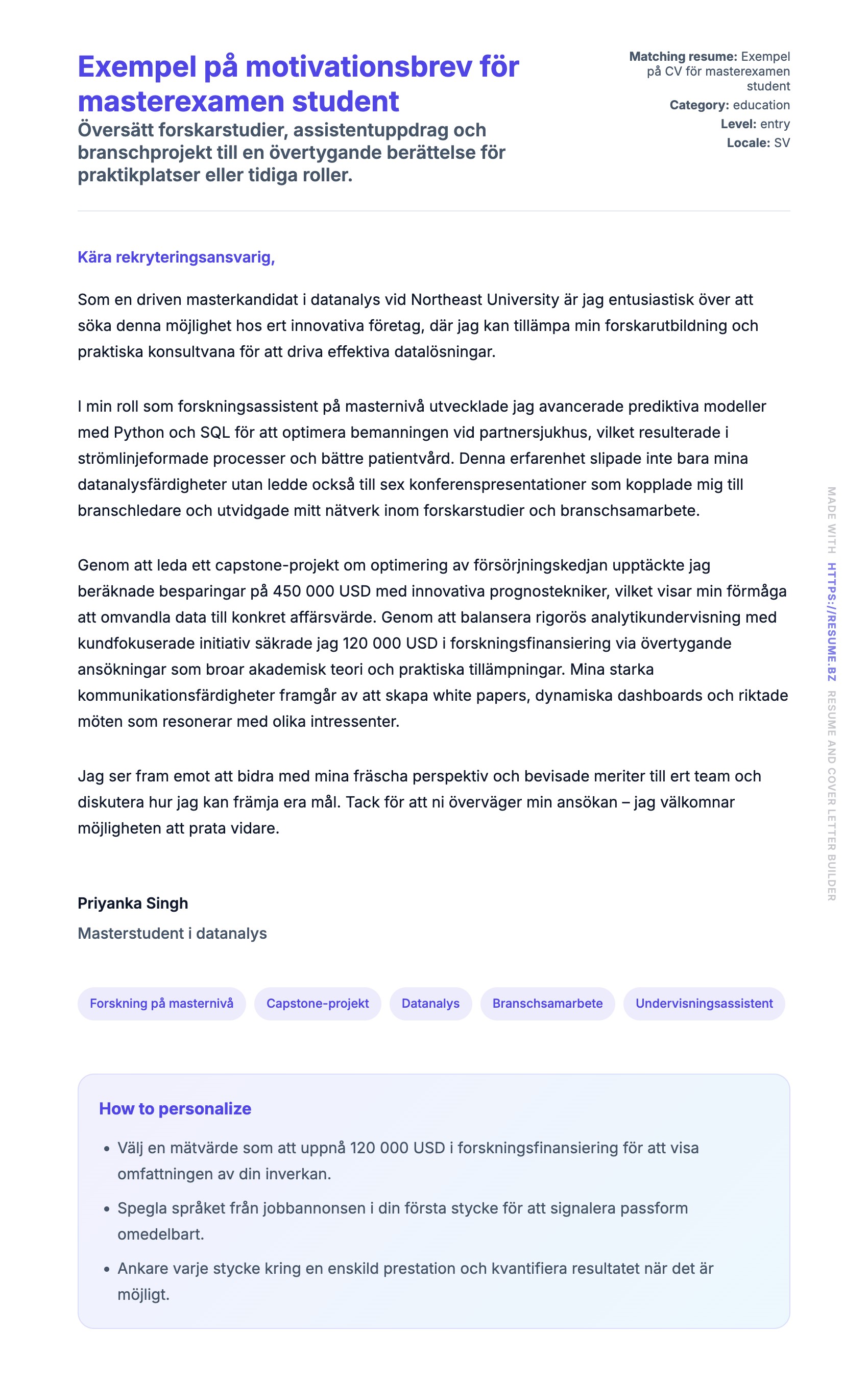 Förhandsgranskning av motivationsbrev för Exempel på motivationsbrev för masterexamen student