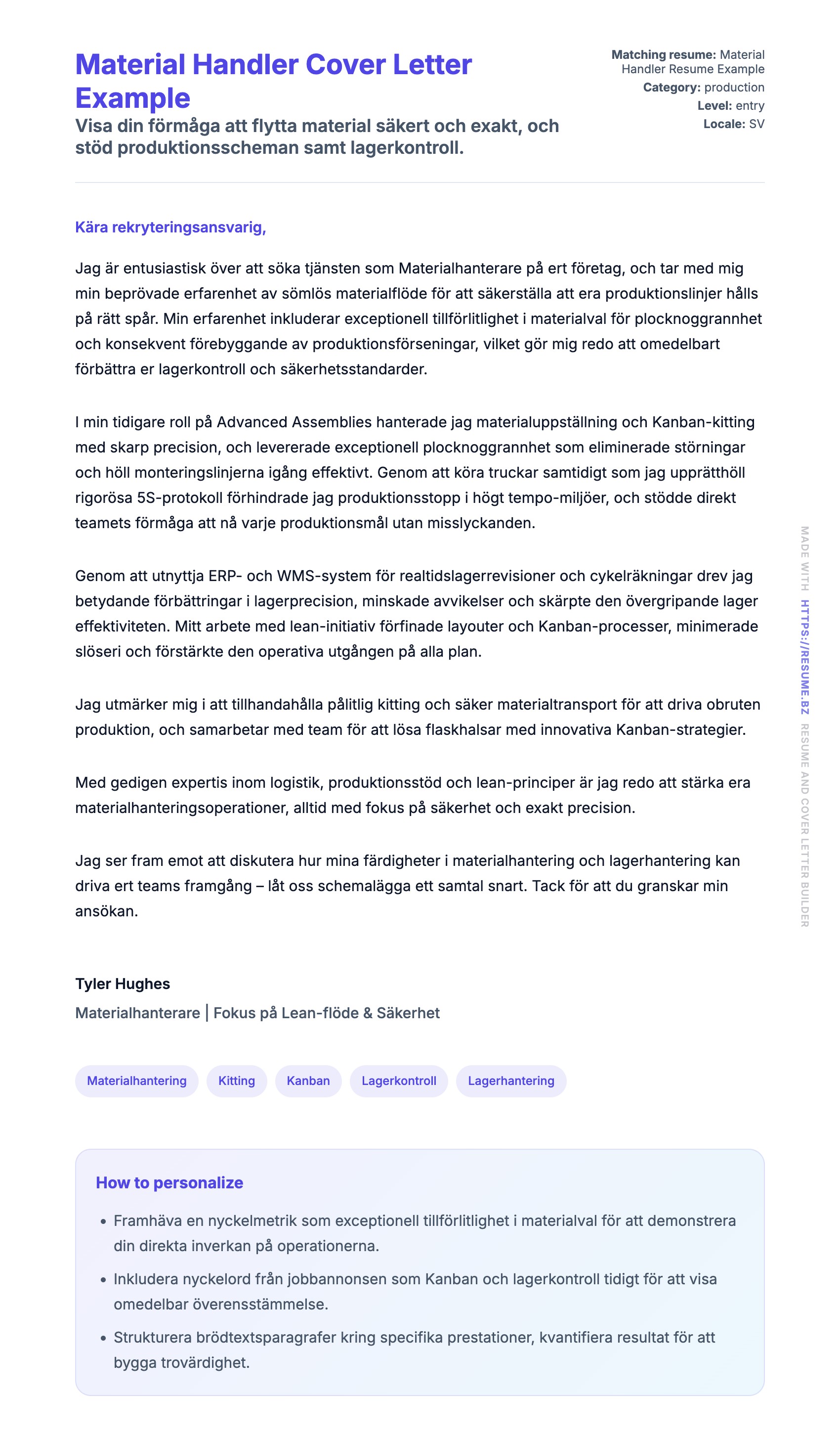 Förhandsgranskning av motivationsbrev för Material Handler Cover Letter Example