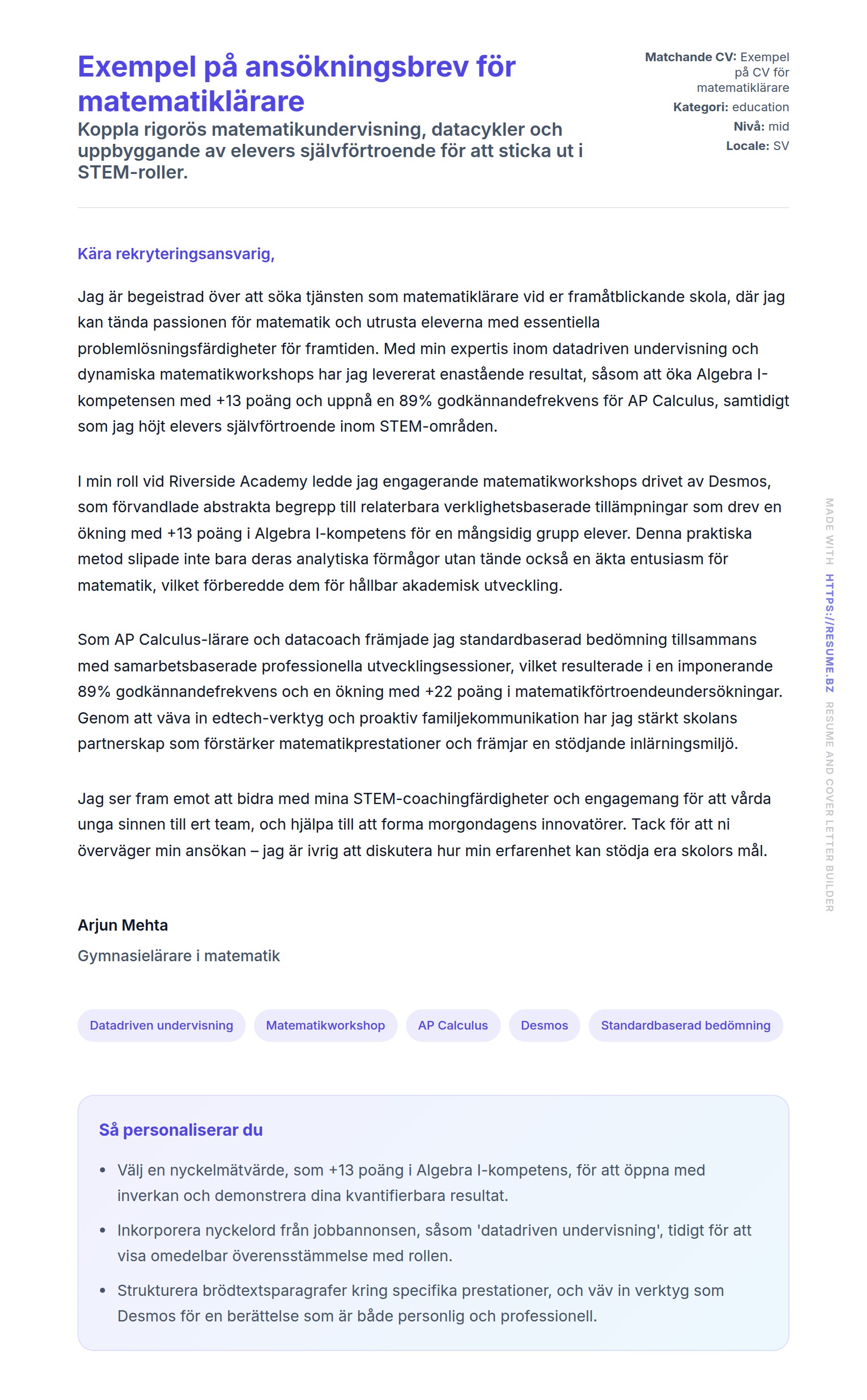 Förhandsgranskning av motivationsbrev för Exempel på ansökningsbrev för matematiklärare