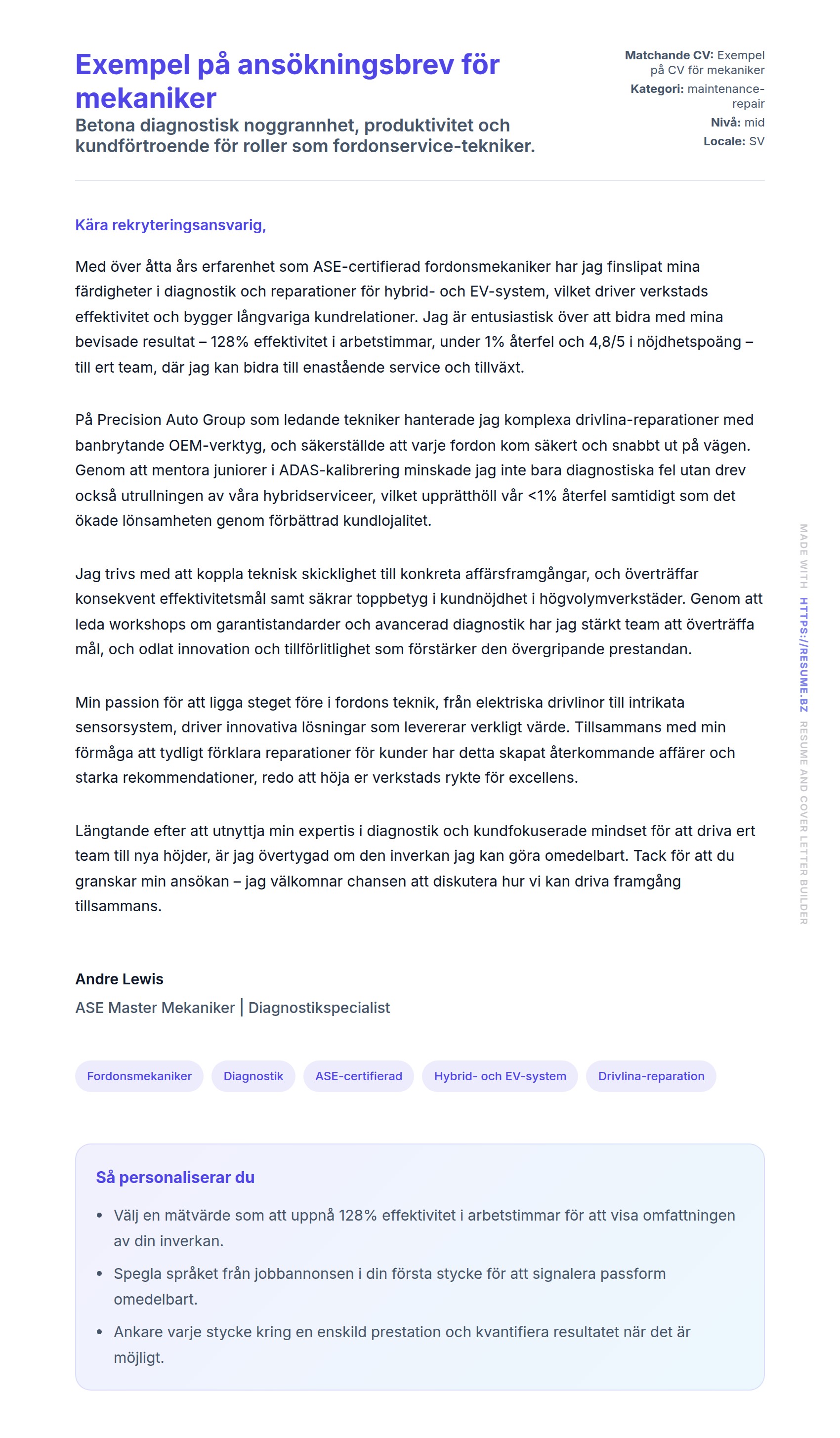 Förhandsgranskning av motivationsbrev för Exempel på ansökningsbrev för mekaniker