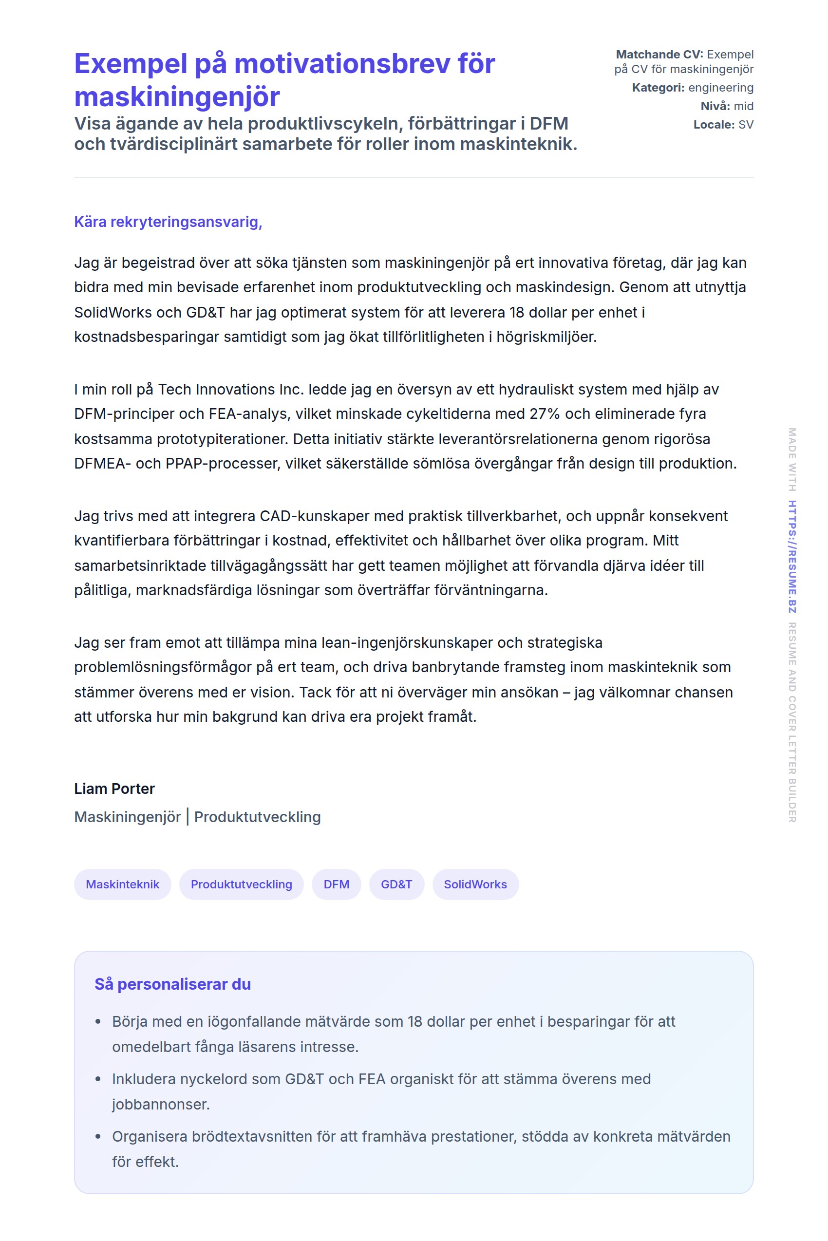 Förhandsgranskning av motivationsbrev för Exempel på motivationsbrev för maskiningenjör