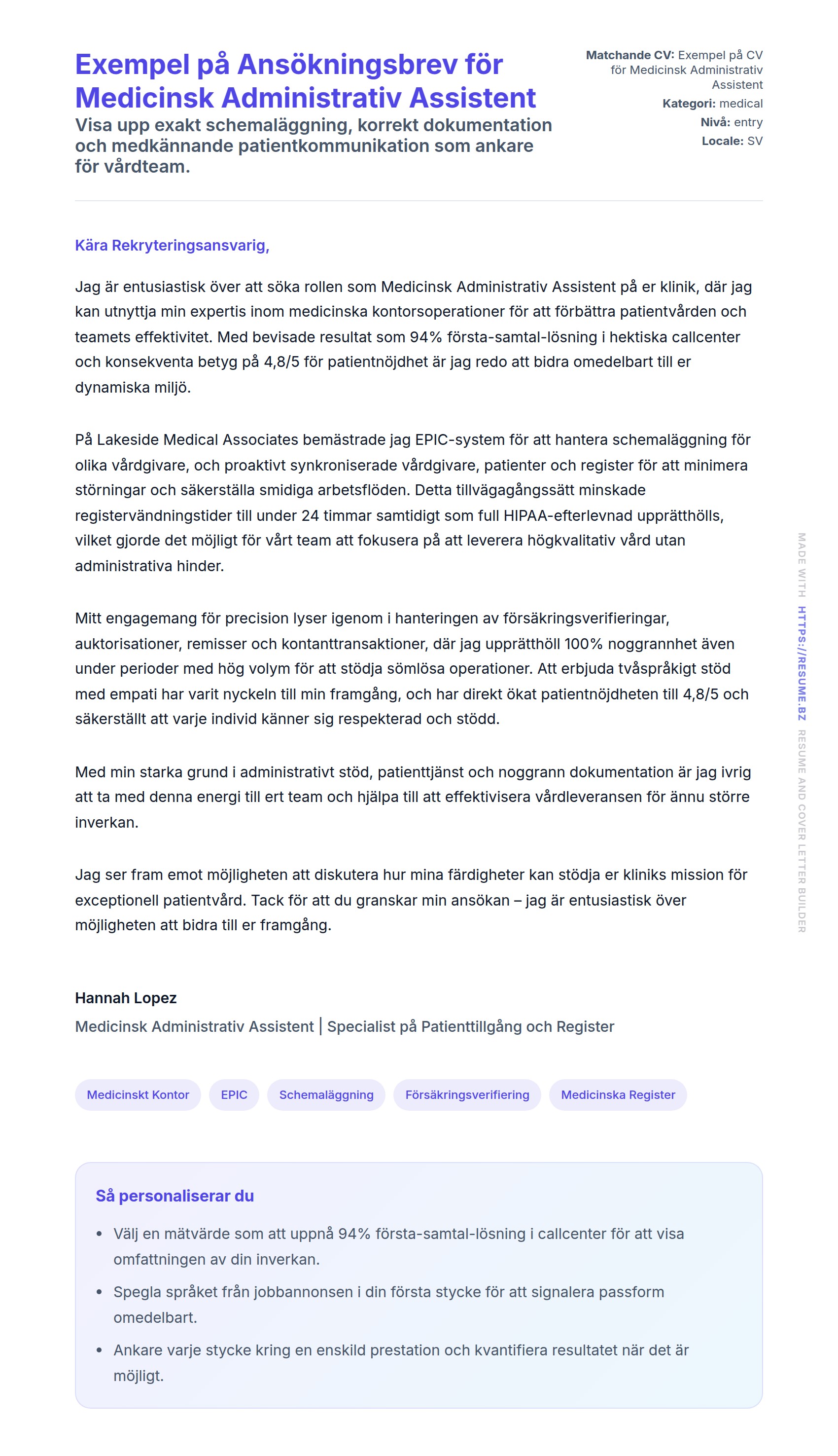 Förhandsgranskning av motivationsbrev för Exempel på Ansökningsbrev för Medicinsk Administrativ Assistent