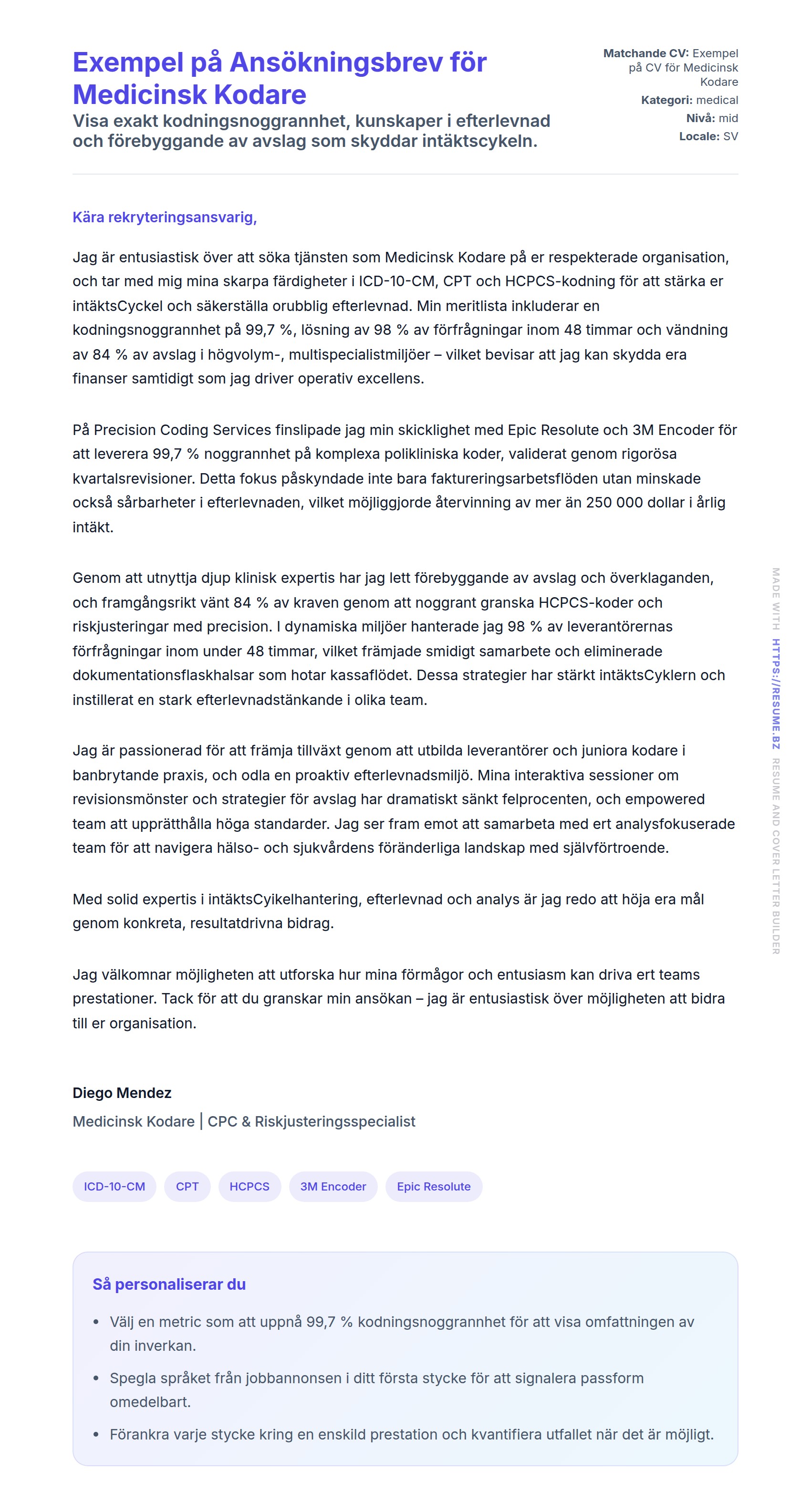 Förhandsgranskning av motivationsbrev för Exempel på Ansökningsbrev för Medicinsk Kodare