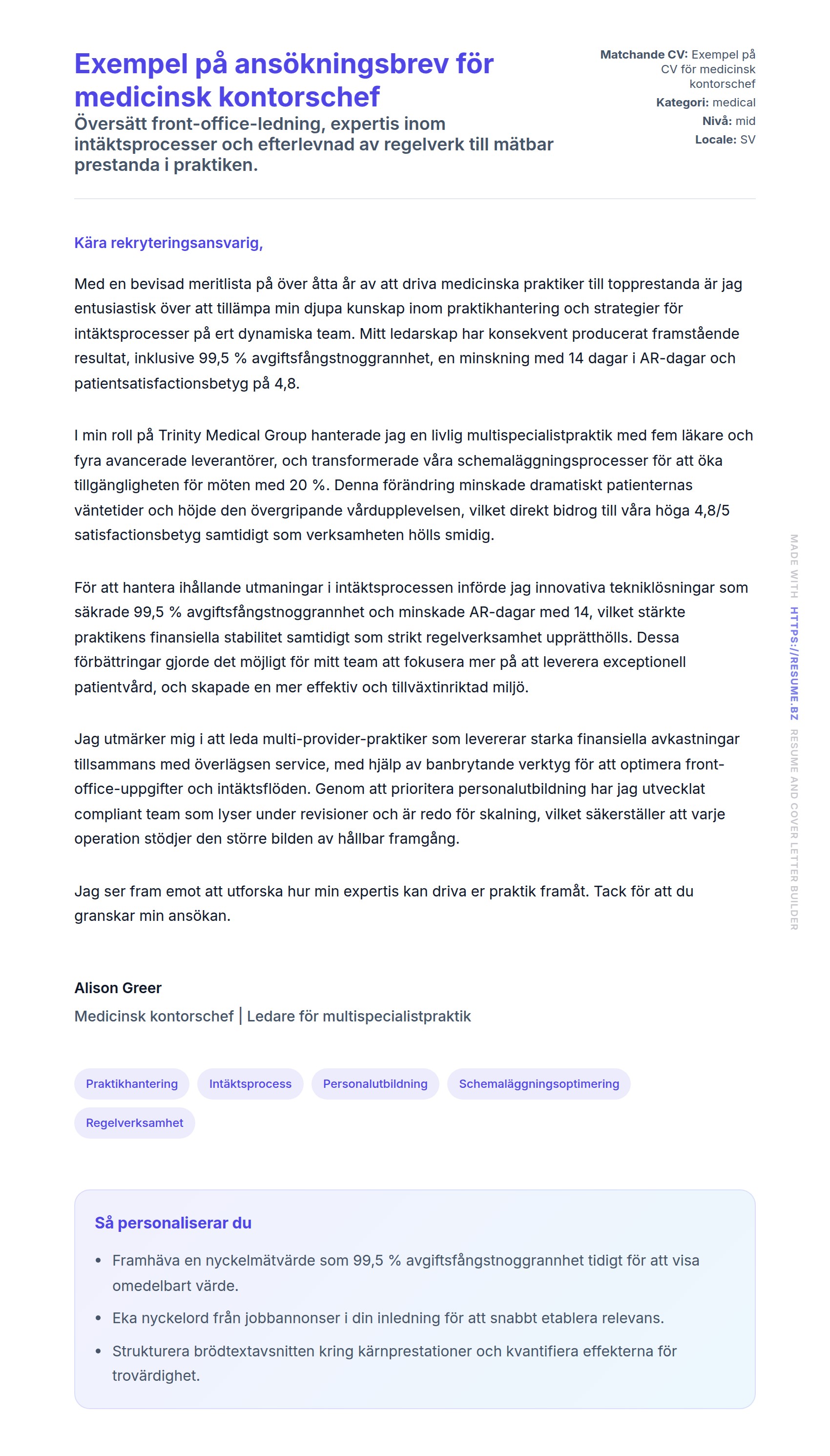 Förhandsgranskning av motivationsbrev för Exempel på ansökningsbrev för medicinsk kontorschef