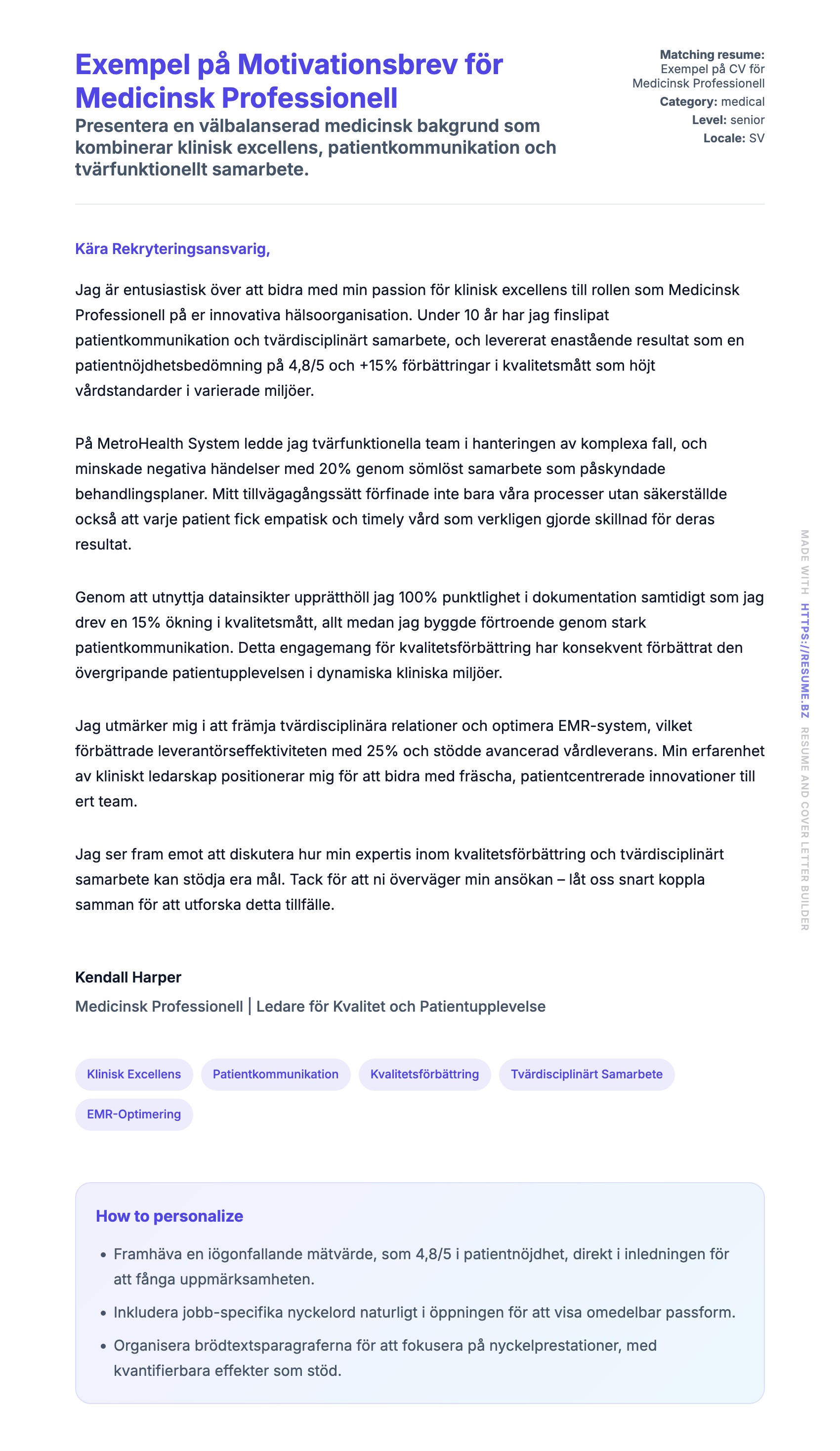 Förhandsgranskning av motivationsbrev för Exempel på Motivationsbrev för Medicinsk Professionell
