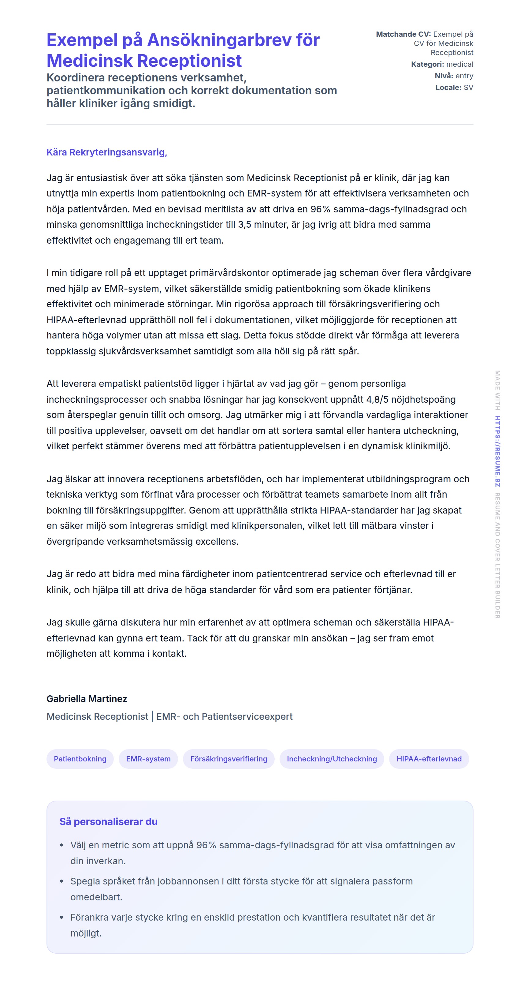 Förhandsgranskning av motivationsbrev för Exempel på Ansökningarbrev för Medicinsk Receptionist