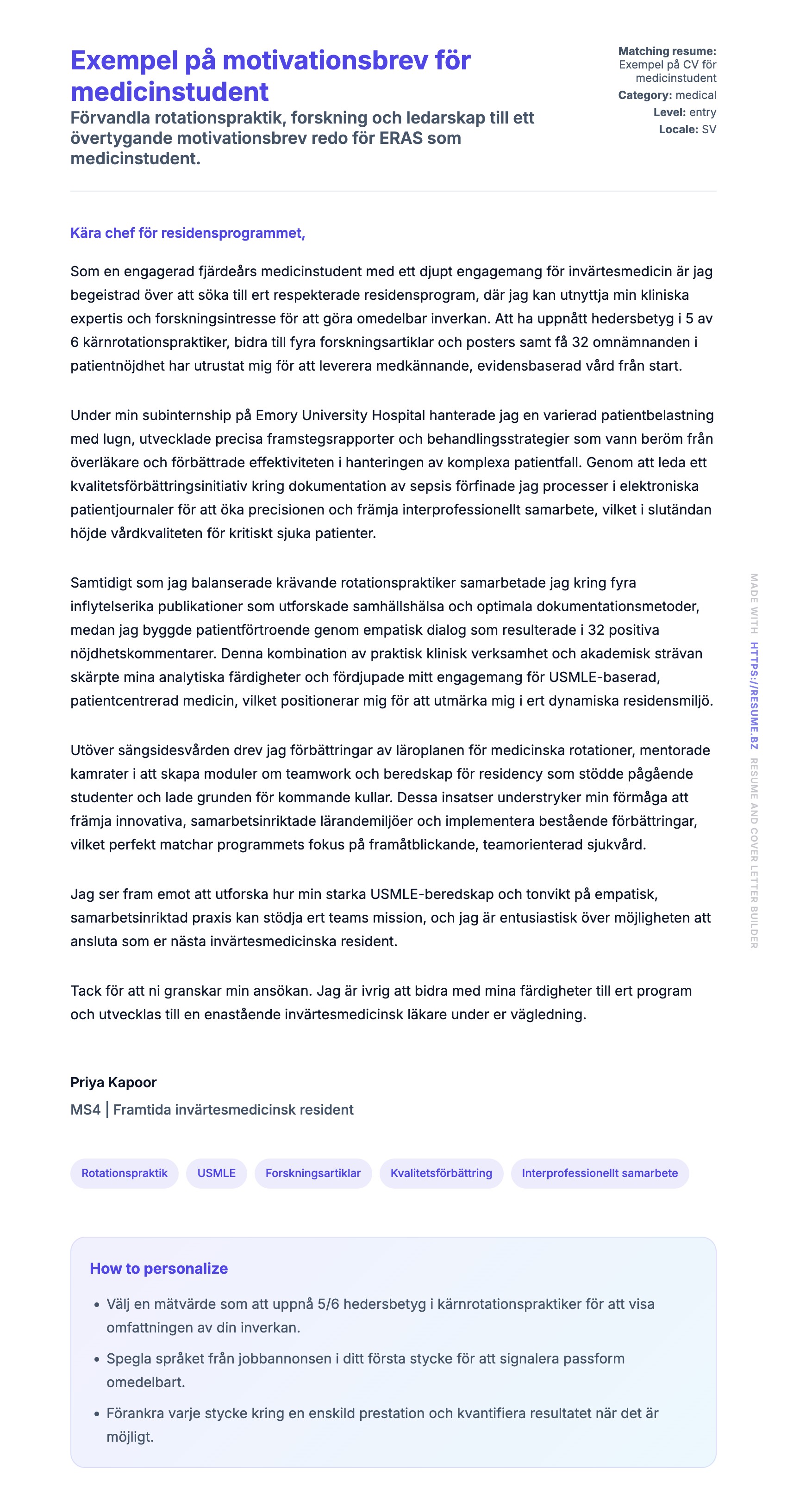 Förhandsgranskning av motivationsbrev för Exempel på motivationsbrev för medicinstudent