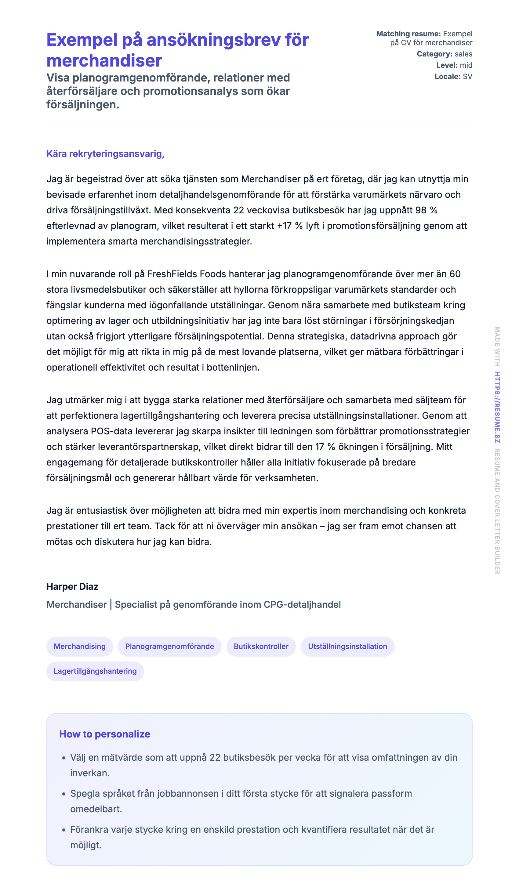 Förhandsgranskning av motivationsbrev för Exempel på ansökningsbrev för merchandiser