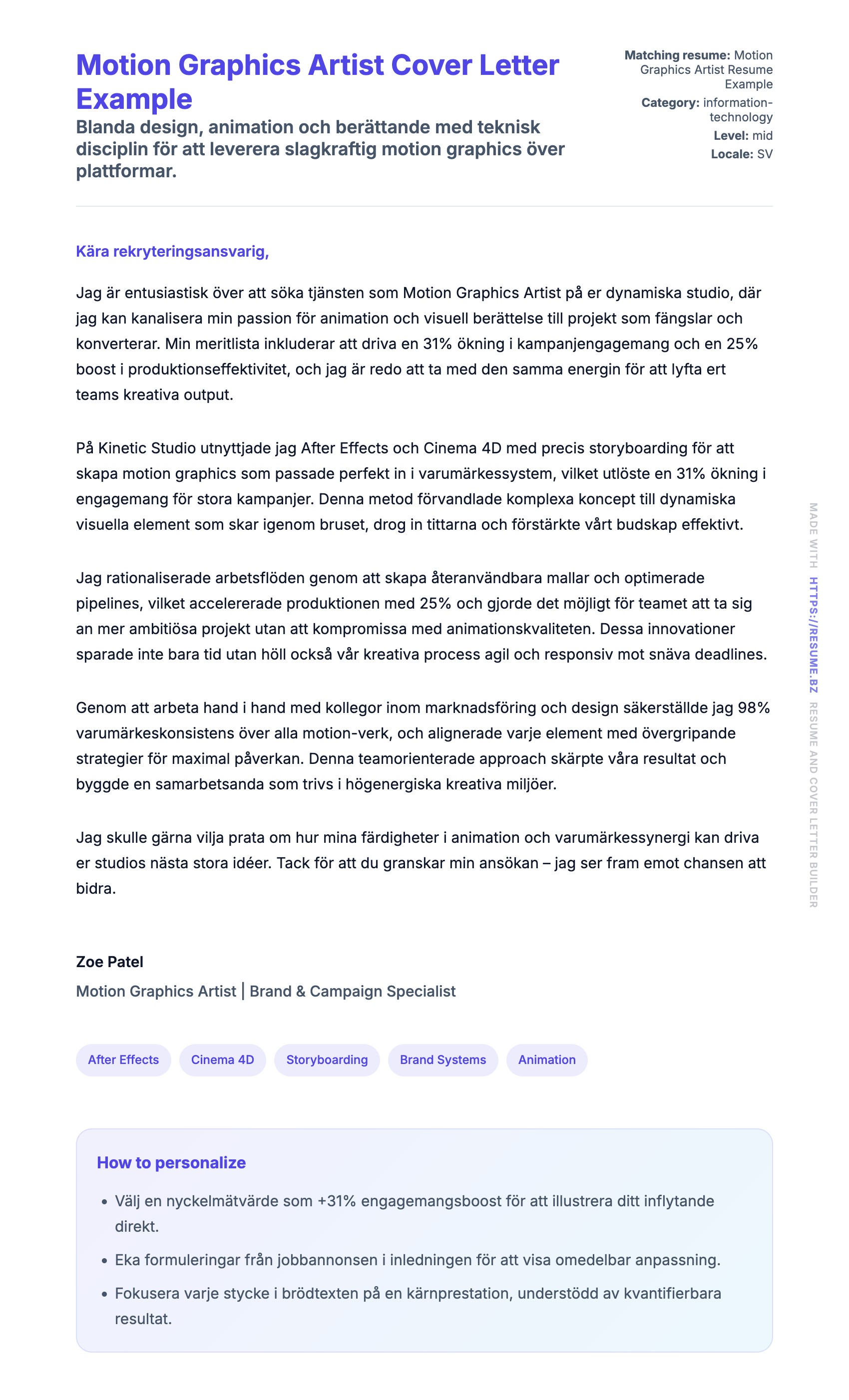 Förhandsgranskning av motivationsbrev för Motion Graphics Artist Cover Letter Example