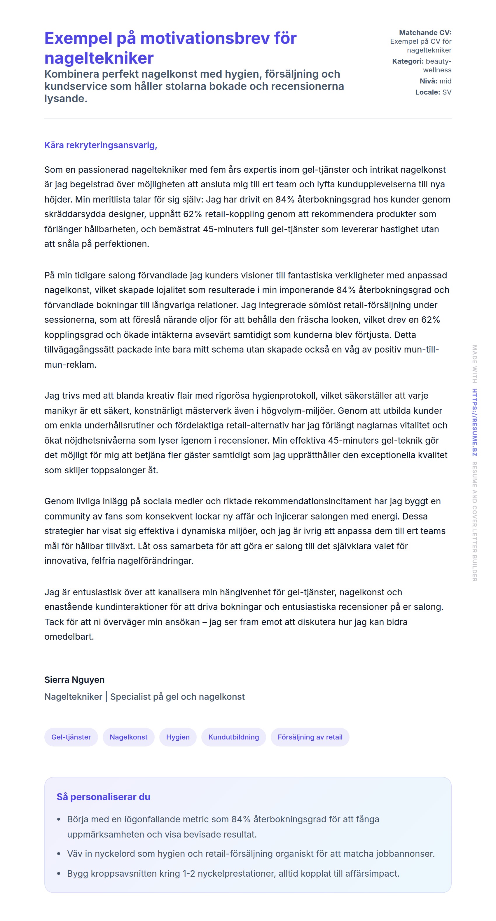 Förhandsgranskning av motivationsbrev för Exempel på motivationsbrev för nageltekniker