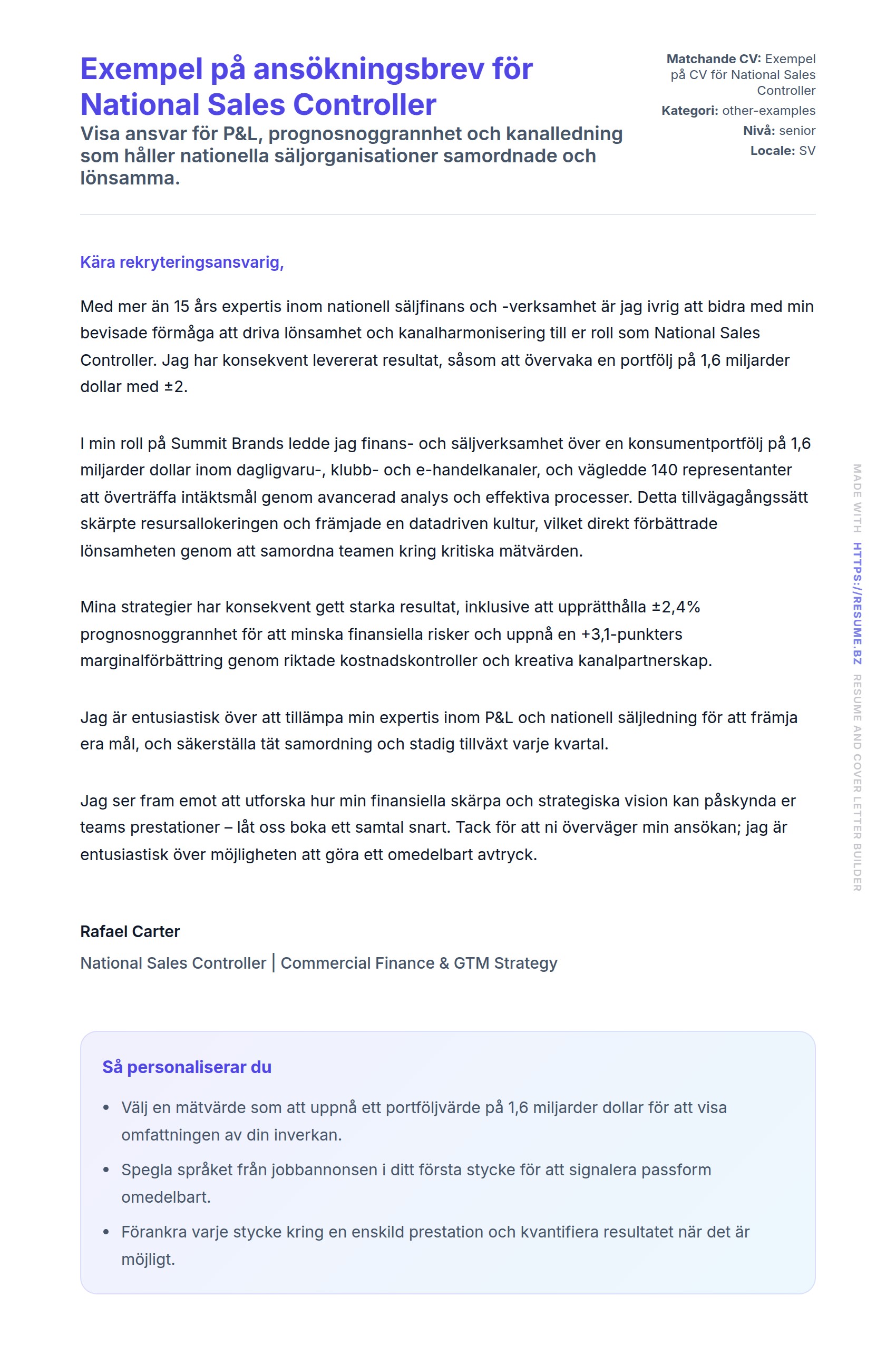 Förhandsgranskning av motivationsbrev för Exempel på ansökningsbrev för National Sales Controller