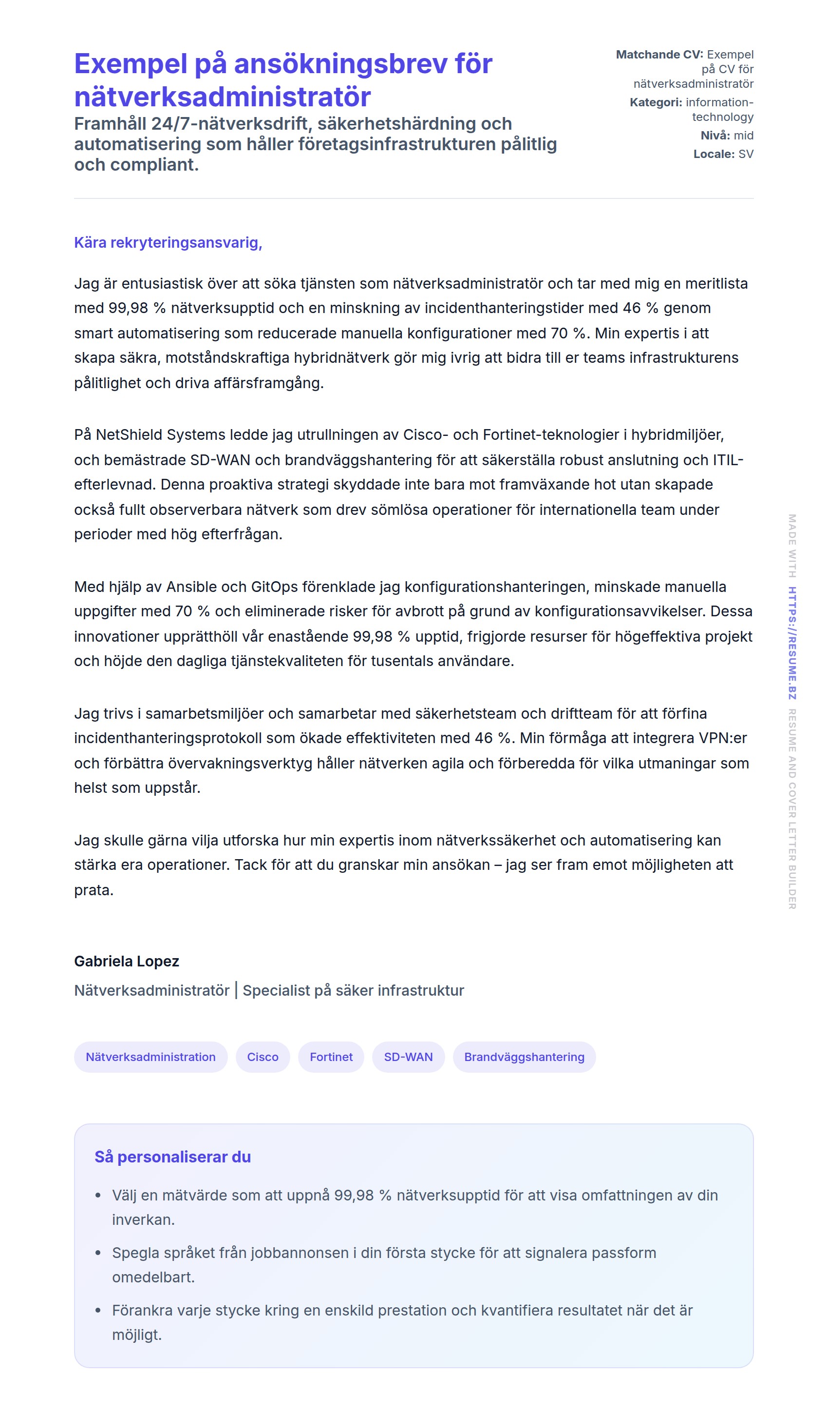 Förhandsgranskning av motivationsbrev för Exempel på ansökningsbrev för nätverksadministratör