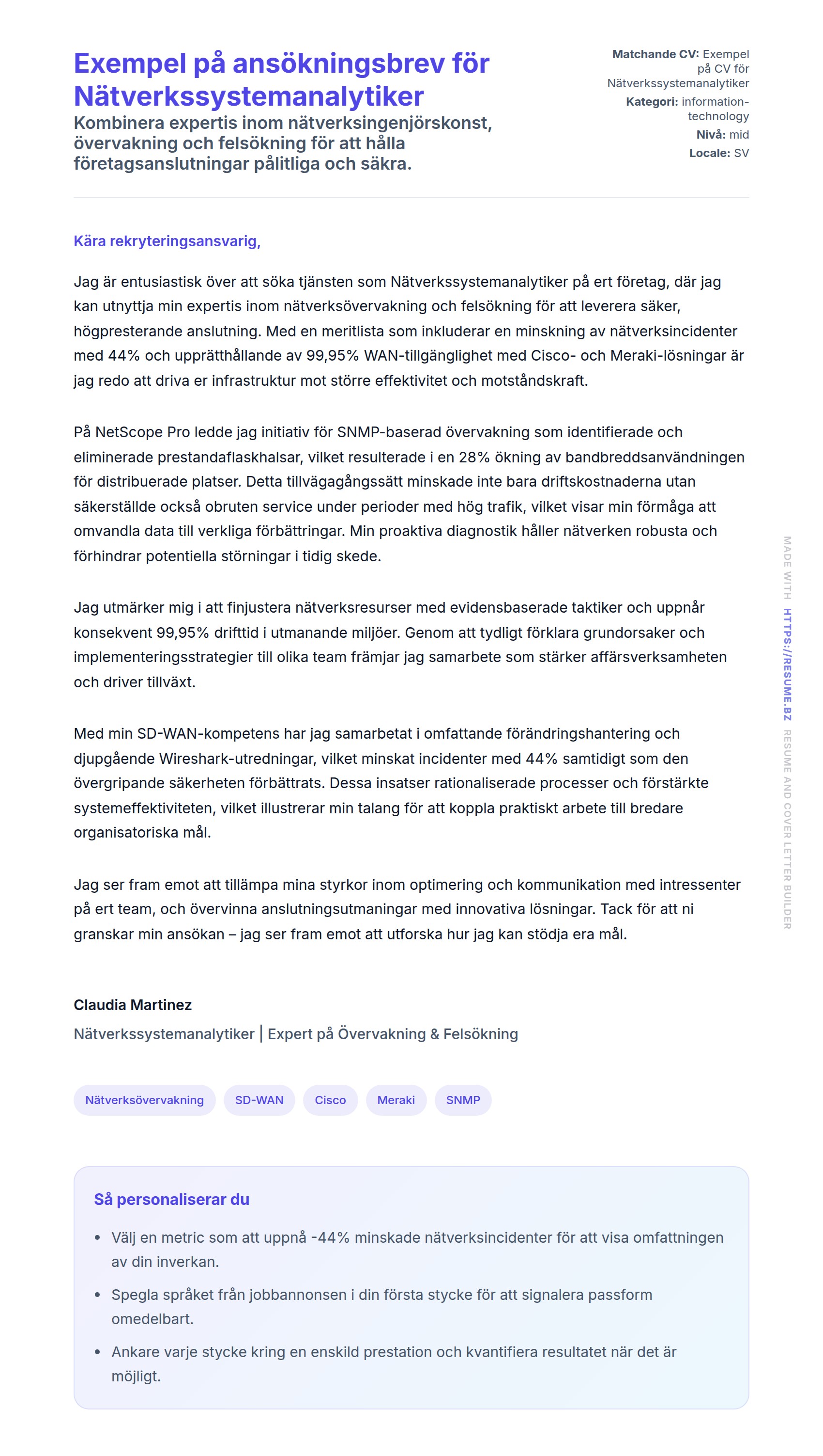 Förhandsgranskning av motivationsbrev för Exempel på ansökningsbrev för Nätverkssystemanalytiker