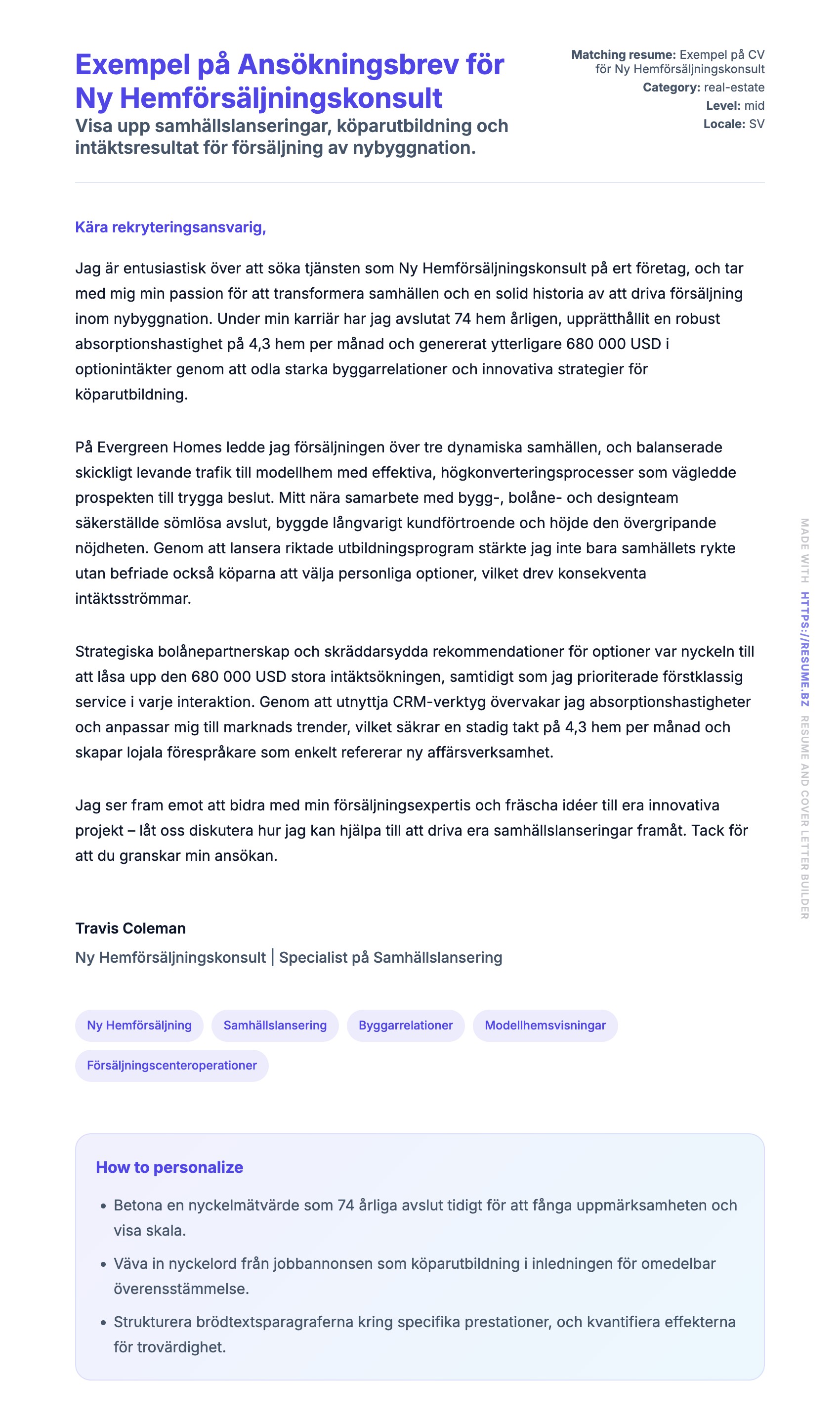 Förhandsgranskning av motivationsbrev för Exempel på Ansökningsbrev för Ny Hemförsäljningskonsult