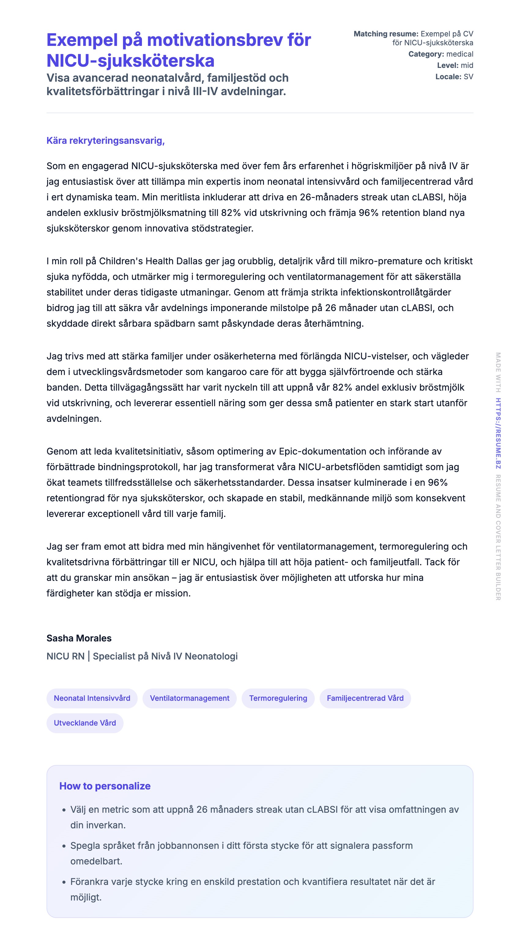 Förhandsgranskning av motivationsbrev för Exempel på motivationsbrev för NICU-sjuksköterska