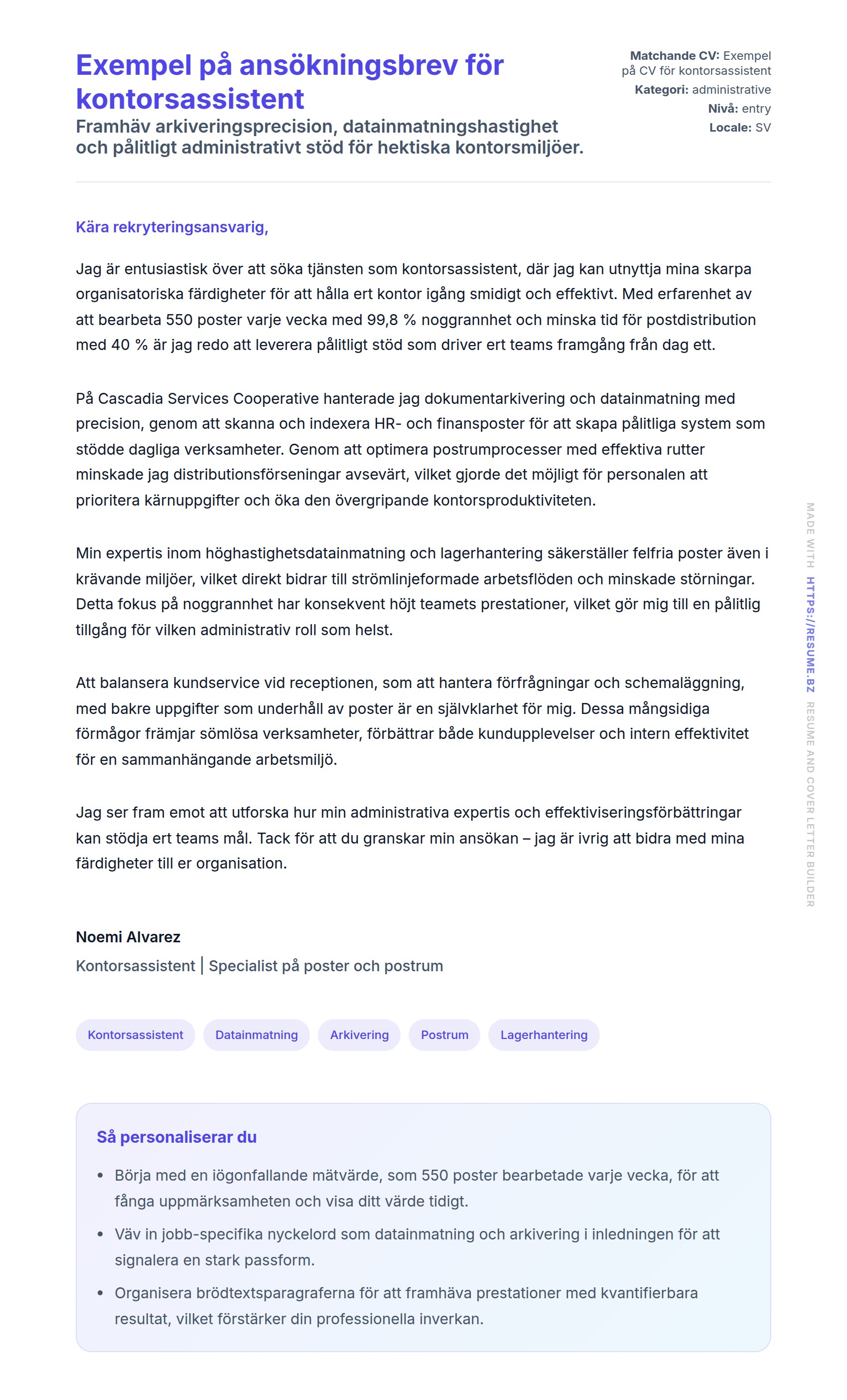 Förhandsgranskning av motivationsbrev för Exempel på ansökningsbrev för kontorsassistent
