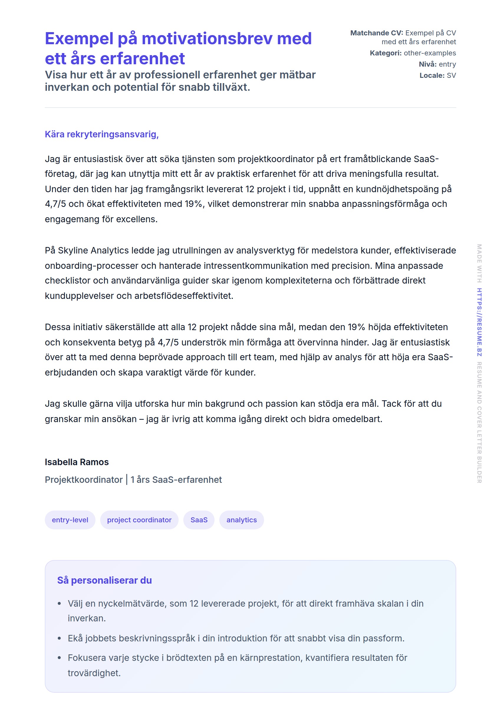 Förhandsgranskning av motivationsbrev för Exempel på motivationsbrev med ett års erfarenhet