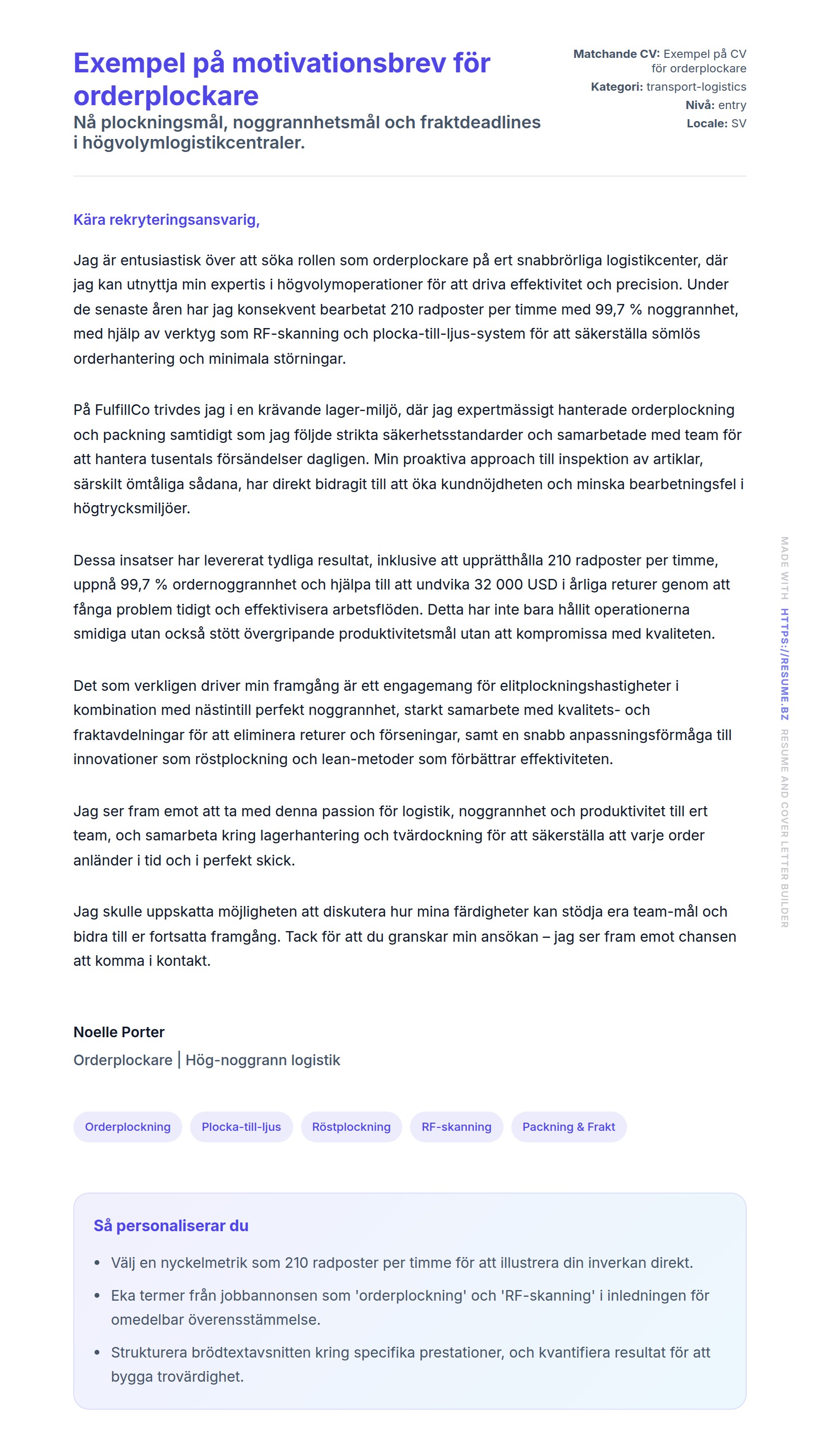 Förhandsgranskning av motivationsbrev för Exempel på motivationsbrev för orderplockare