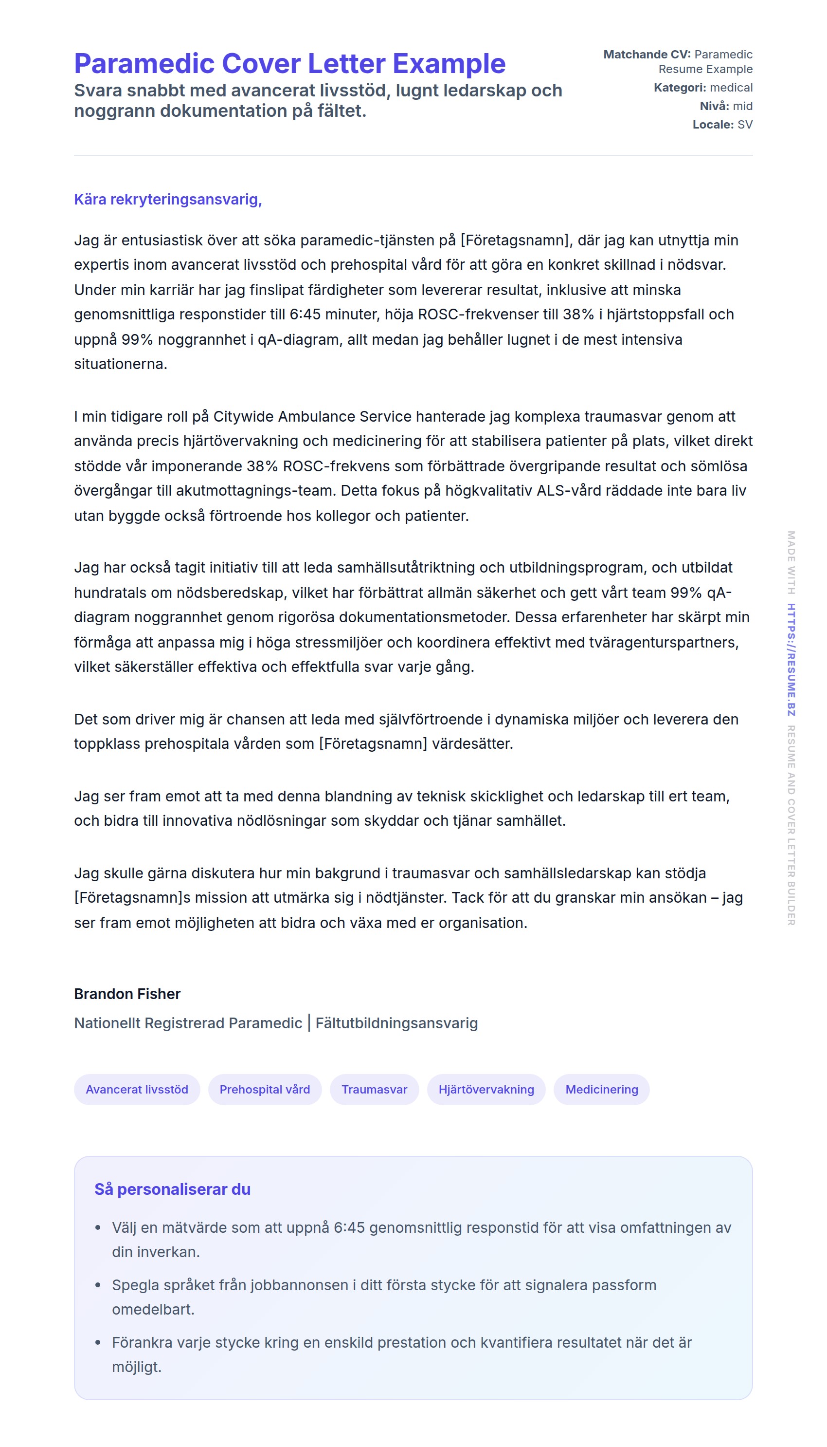 Förhandsgranskning av motivationsbrev för Paramedic Cover Letter Example