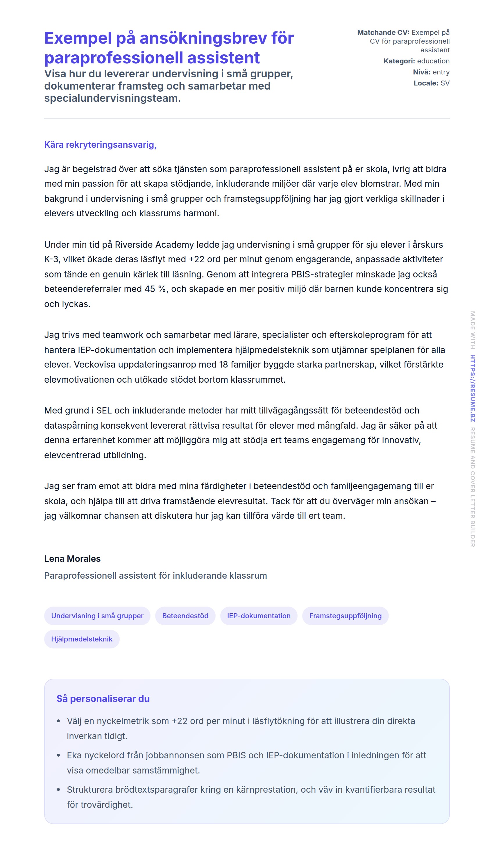 Förhandsgranskning av motivationsbrev för Exempel på ansökningsbrev för paraprofessionell assistent