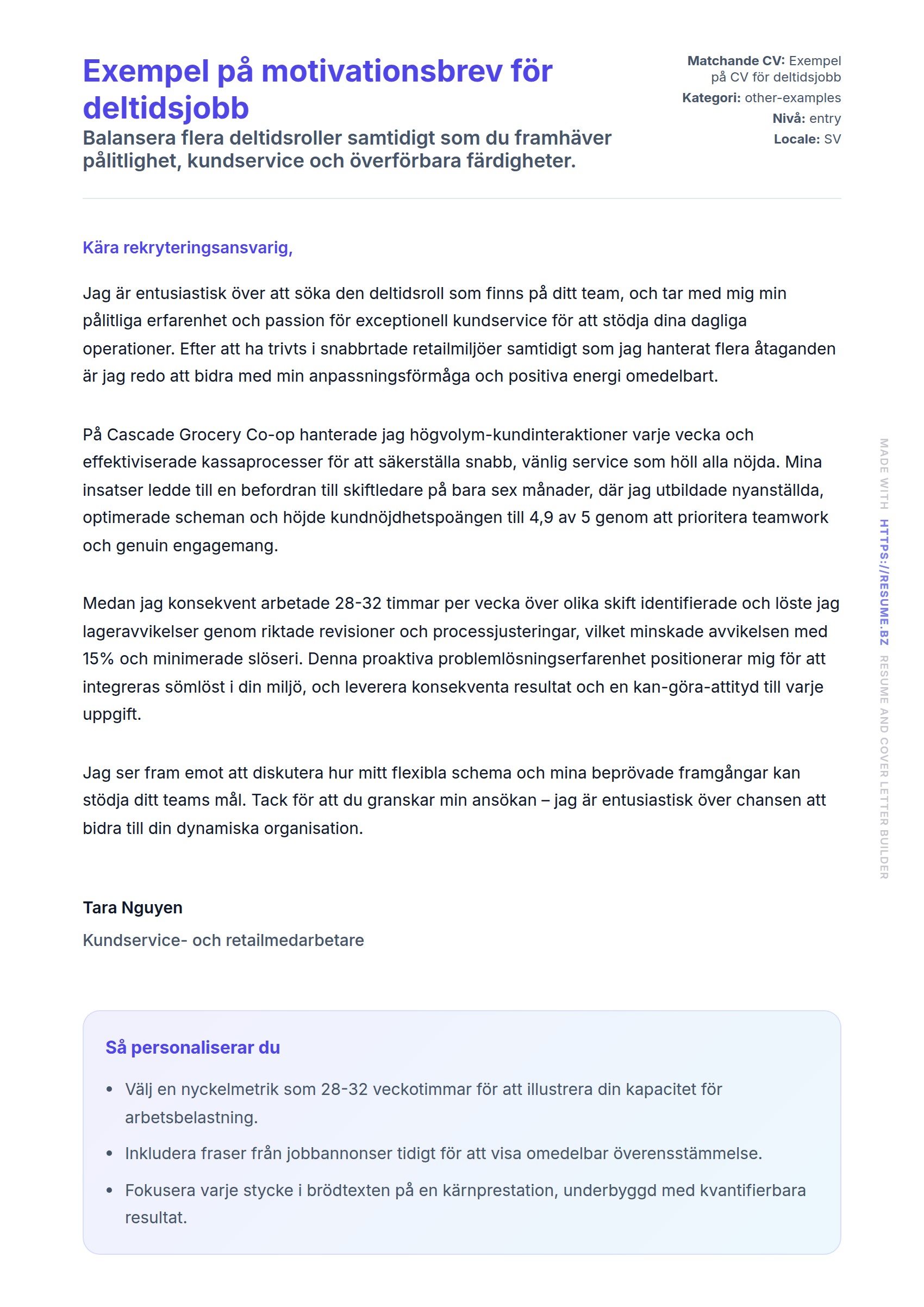 Förhandsgranskning av motivationsbrev för Exempel på motivationsbrev för deltidsjobb