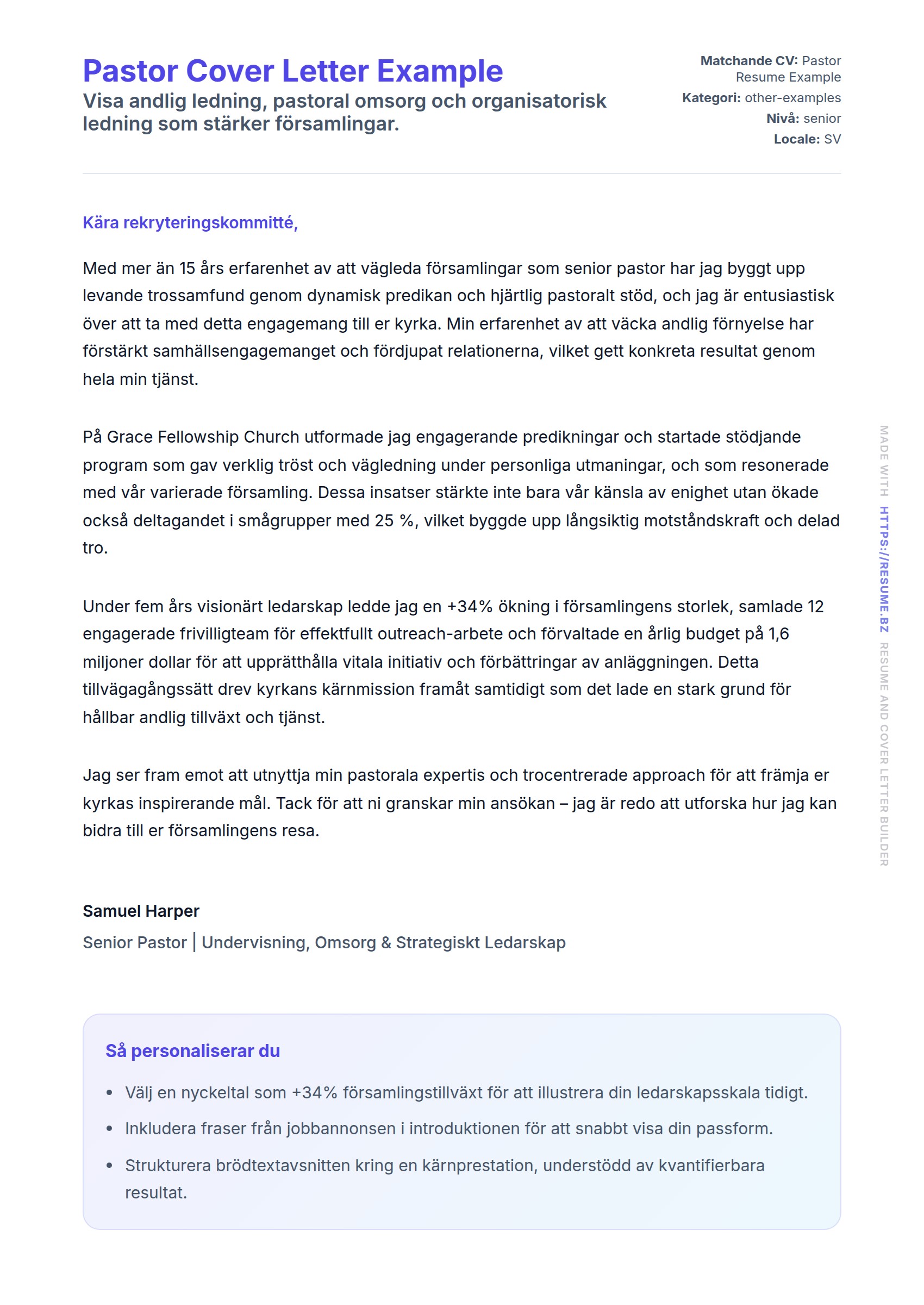 Förhandsgranskning av motivationsbrev för Pastor Cover Letter Example