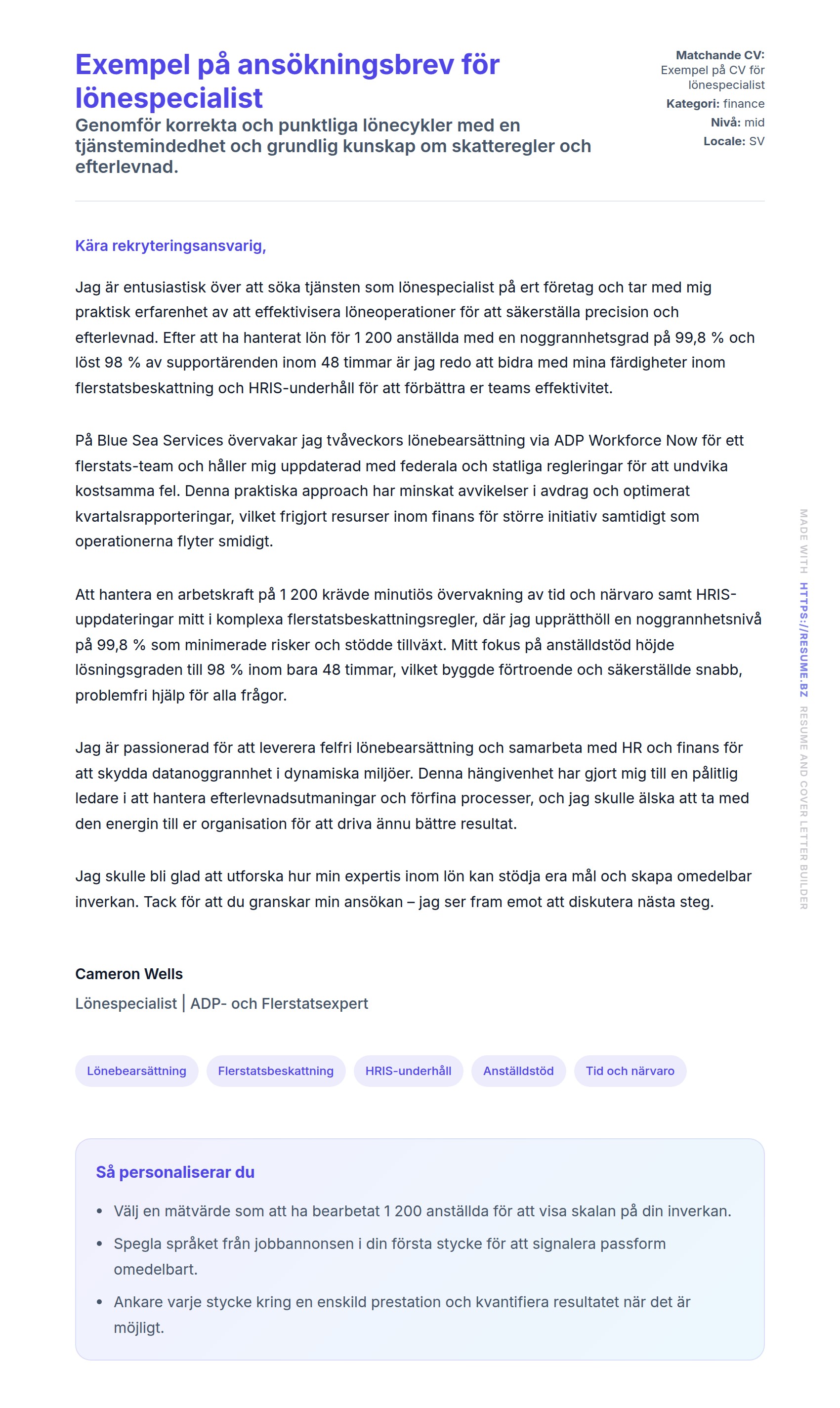 Förhandsgranskning av motivationsbrev för Exempel på ansökningsbrev för lönespecialist