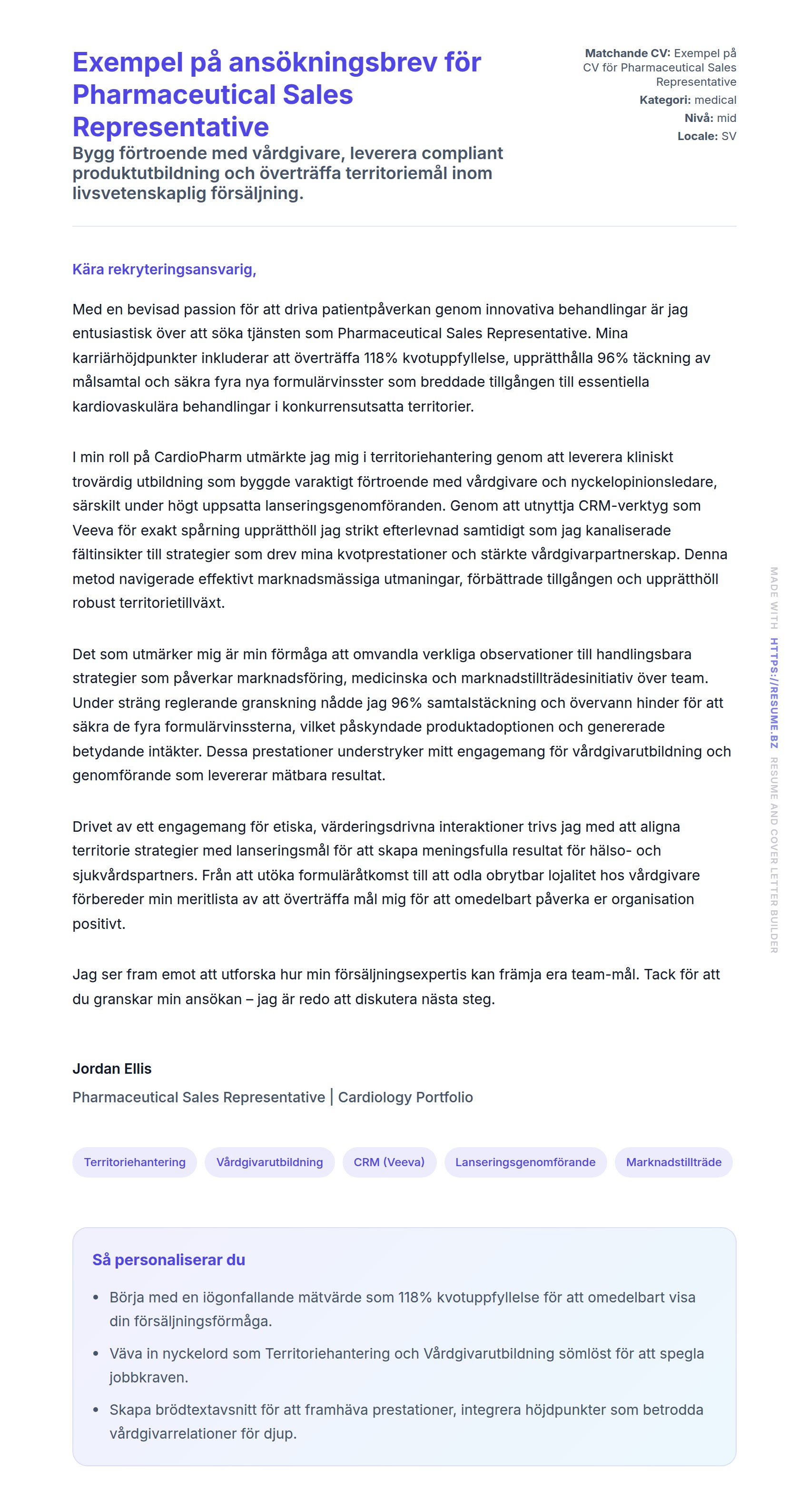 Förhandsgranskning av motivationsbrev för Exempel på ansökningsbrev för Pharmaceutical Sales Representative