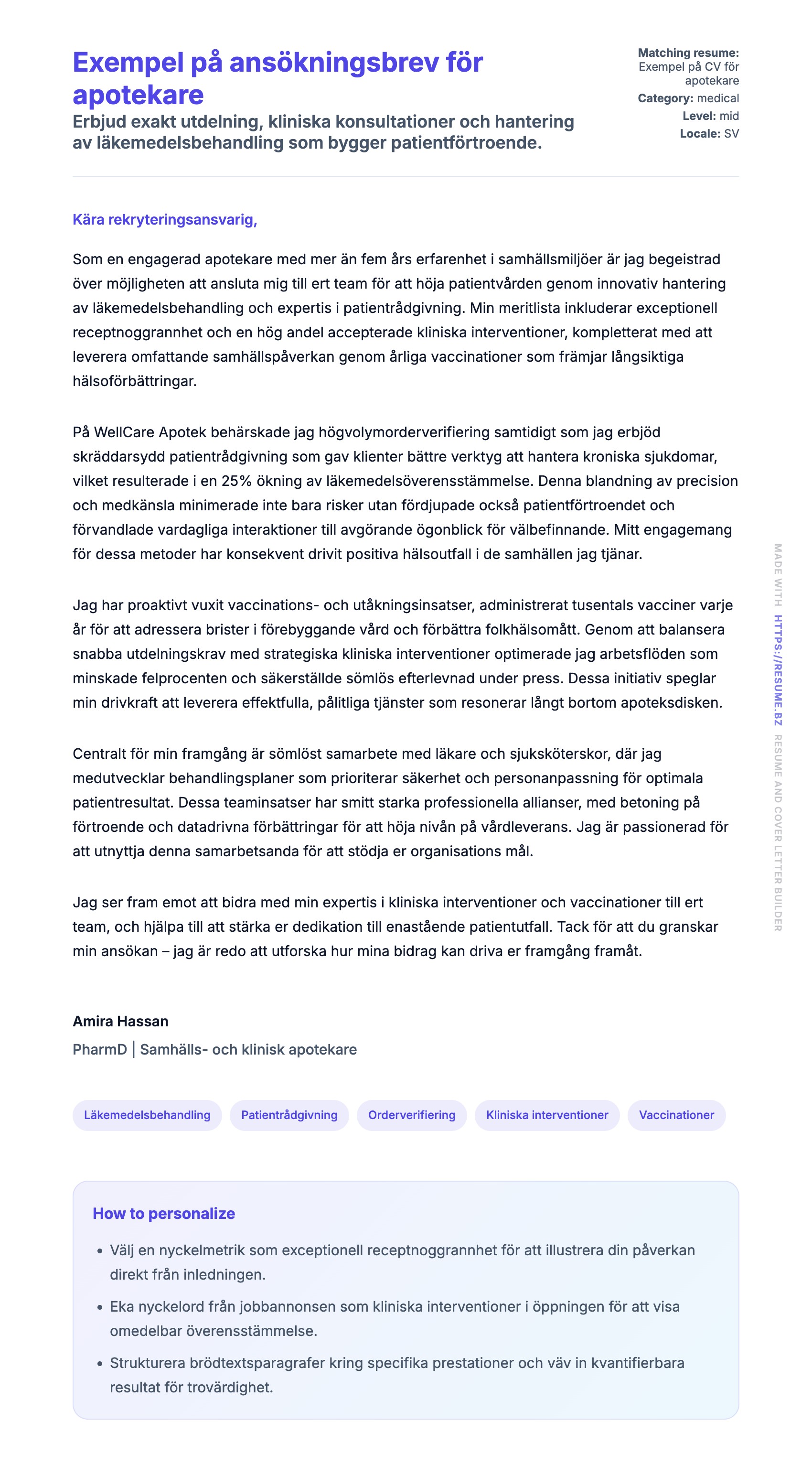 Förhandsgranskning av motivationsbrev för Exempel på ansökningsbrev för apotekare